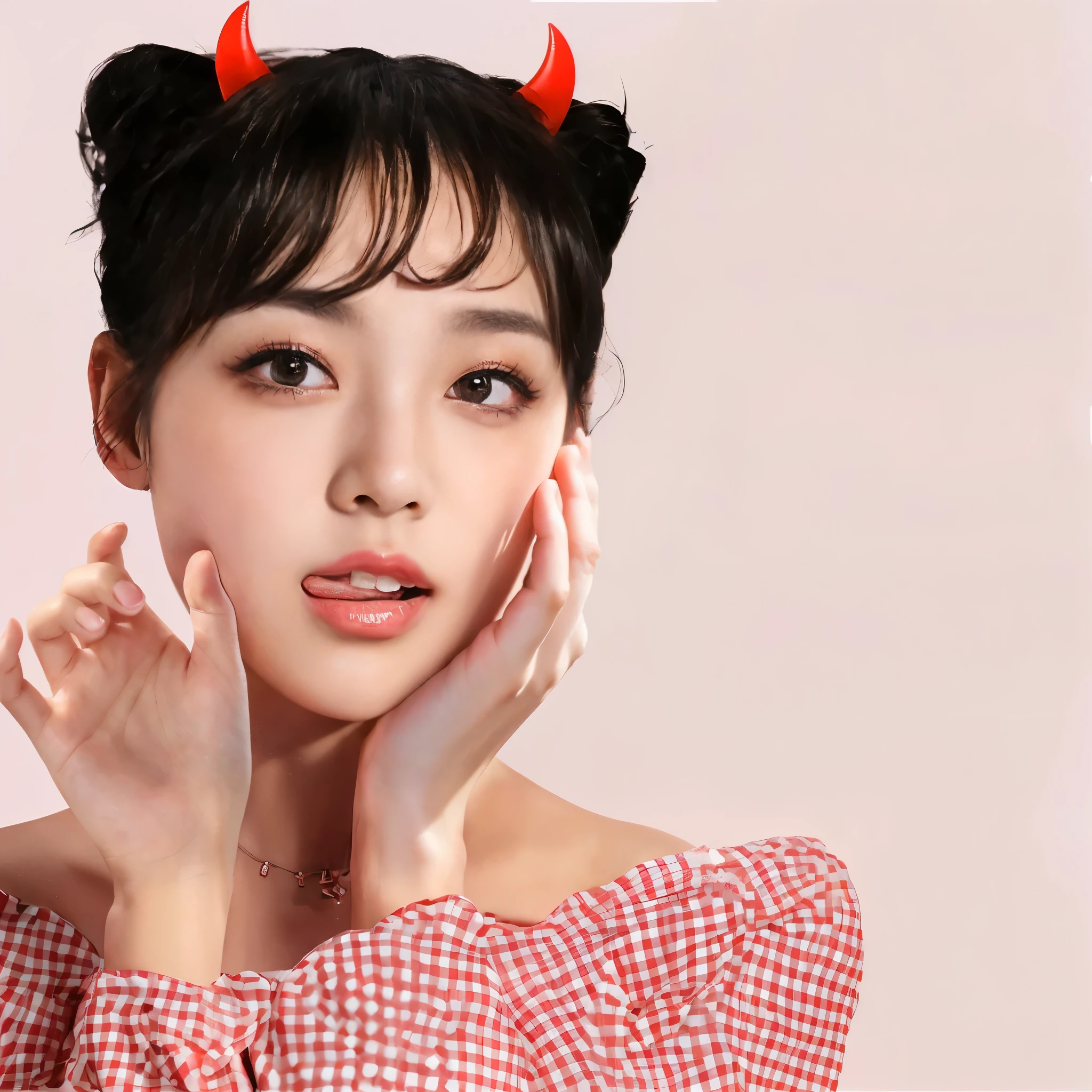 there is a woman with horns on her head posing for a picture, portrait of female korean idol, cute korean actress, ulzzang, young adorable korean face, lalisa manobal, wan adorable korean face, iu lee ji-eun as a super villain, portrait jisoo blackpink, popular south korean makeup, korean artist, girl with cat ears, taejune kim