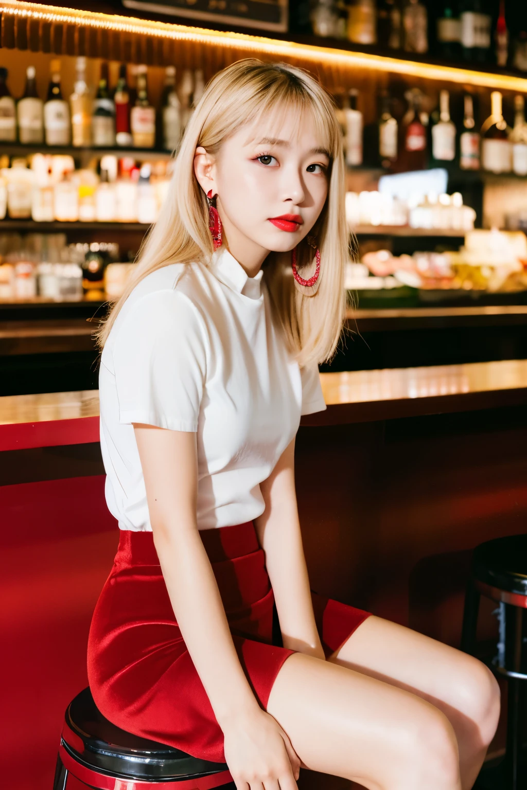 8K RAW photos, 18 years old beautiful asian girl, red clothes, bar background, depth of field, film grain, velvet red short one piece skirt, bleached white blonde curved long hair, without bang, red lip, sapphire earrings, sitting on a stool, footage image