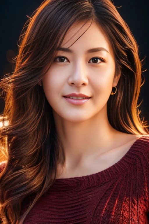 Ultra-high resolution, masterpiece, highest quality, Perfect glowing skin, Perfect lighting, Detailed lighting, Muscular Japanese middle-aged woman、, Dark red knitwear, Looking at the camera, , Brown wavy hair with highlights, , Browsing Caution, ((Dark Background)), Sexy Face, Facial expressions when feeling happy,