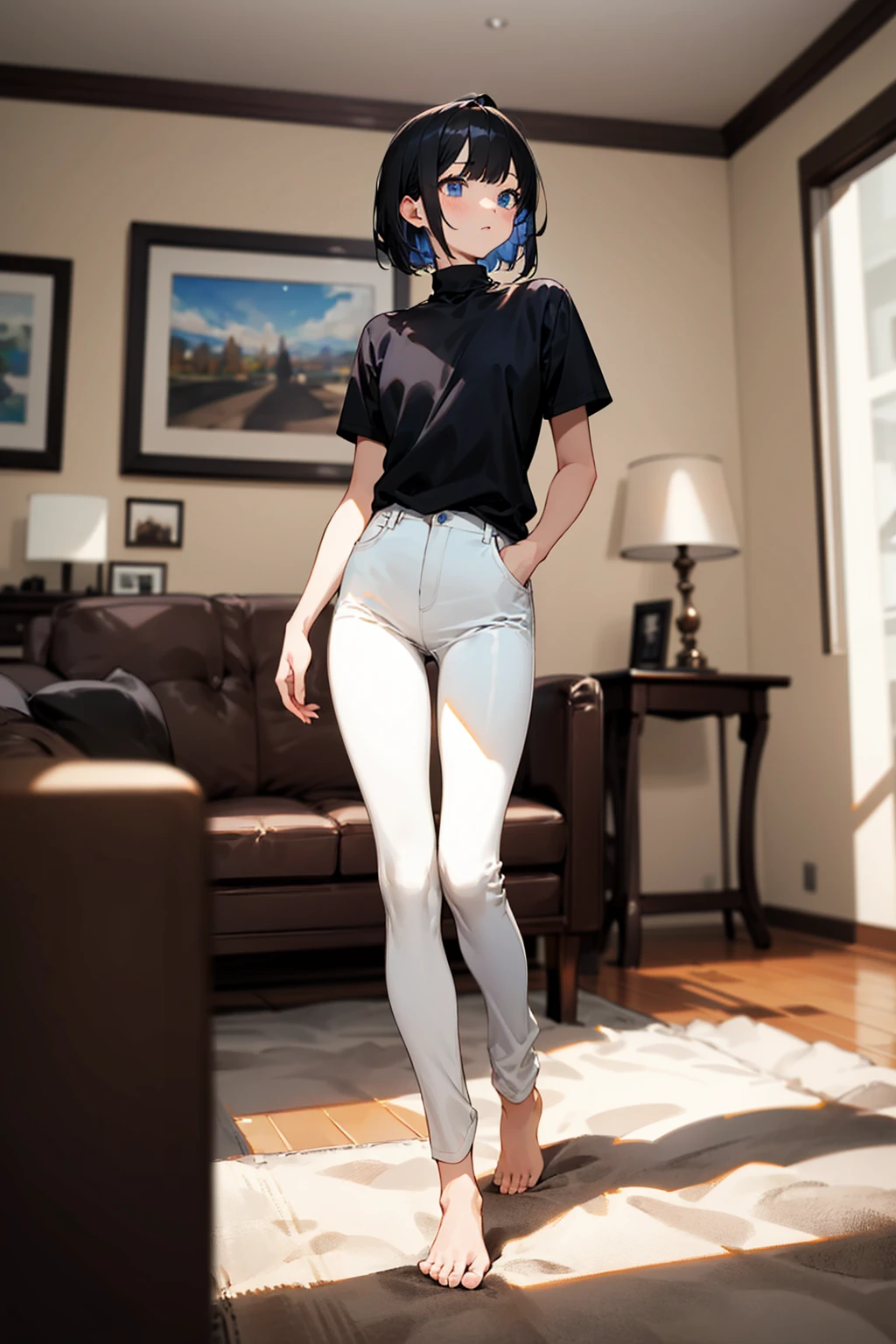(masterpiece, best quality), highly detailed, highres, 1girl, short black hair, blue eyes, black shirt, short sleeves, turtleneck, skinny pants, white pants, bare feet, standing, living room, blurry foreground