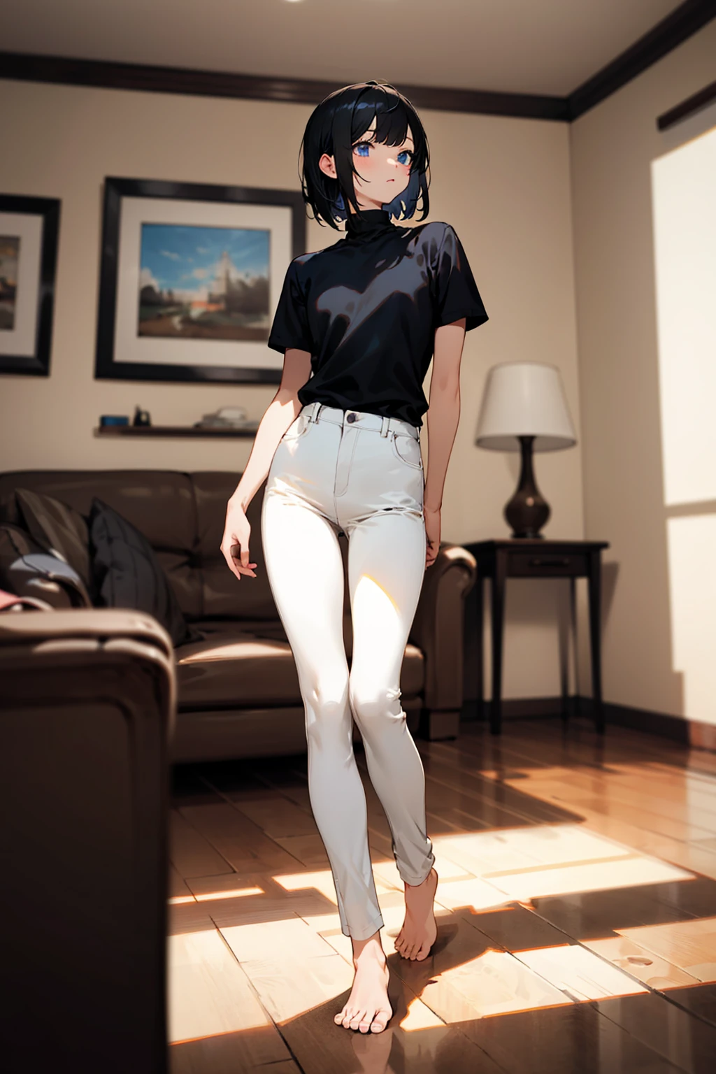 (masterpiece, best quality), highly detailed, highres, 1girl, short black hair, blue eyes, black shirt, short sleeves, turtleneck, skinny pants, white pants, bare feet, standing, living room, blurry foreground