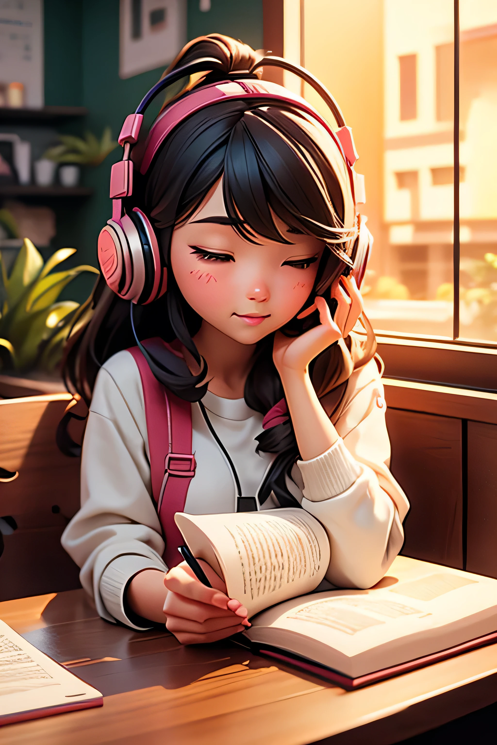 lOfiMusic Japanese anime style Girl studying in a cafe earphone Warm lighting