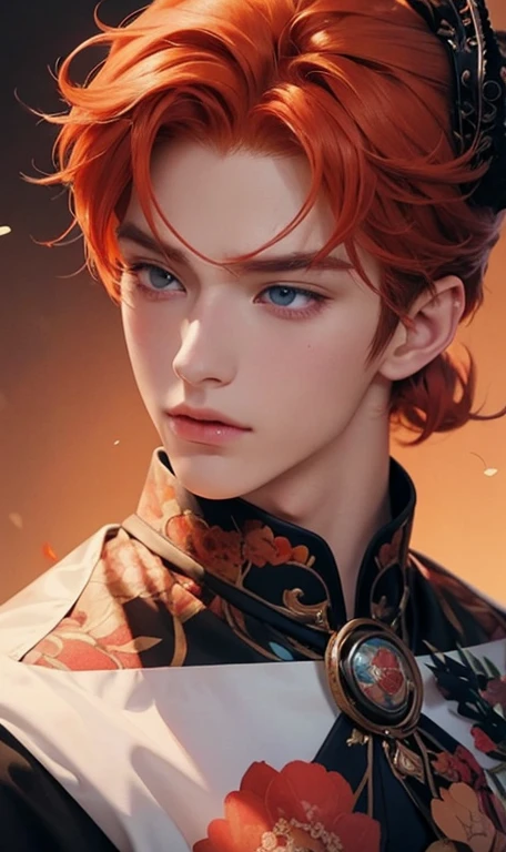 a close up of a person holding a bunch of flowers, orange - haired anime boy, beautiful anime portrait, red haired boy, high quality portrait, kawaii realistic portrait, cai xukun, anime style portrait, handsome guy in demon slayer art, inspired by Bian Shoumin, tall anime guy with blue eyes, realistic anime art style, highly detailed exquisite fanart