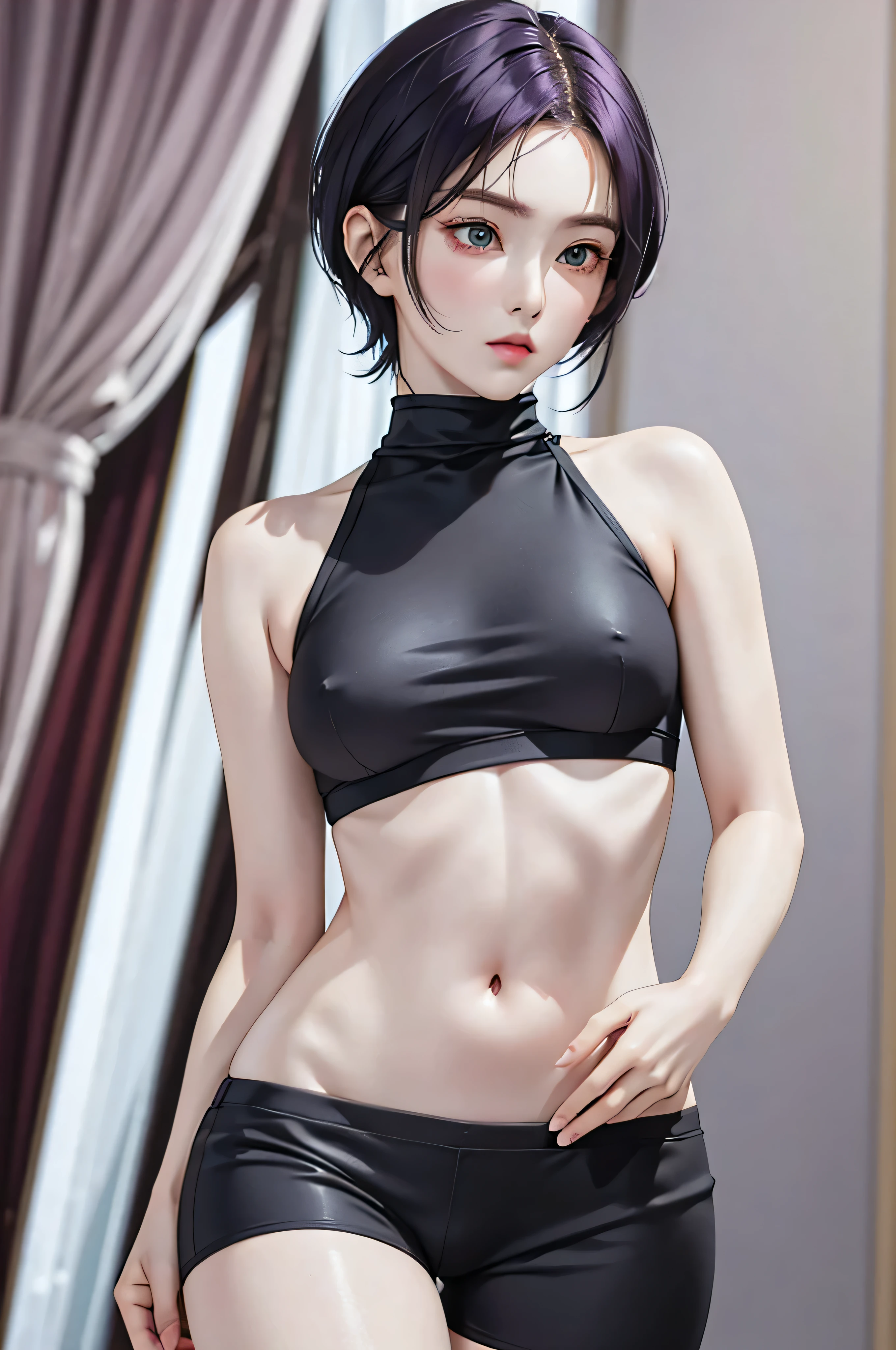 (Finest quality)),(A high resolution),(ultra-detailled art),(Meticulous portrayal),((Best Anime)),(Finest works of art),sharpness,Clear,Ultra-Precision Art,The art of astounding depiction, (Female Ninja in the Dark:1.3),
short Hair, purple hair, vibrant purple hair, extremely detailed hair, detailed bangs, with bangs, short hair only,
pretty face, beautiful lips, soft lips,pretty face, close up face,serious face, pretty nose, beautiful nose,
pretty eyes, beautiful eyes, detailed eyes, perfect eyes, green eyes,
korean girl, korean beauty, irene, red velvet irene,
clear skin, clear skin, white skin, soft skin, slim body, small breasts, detailed skin, detailed thighs, show navel, detailed arms,
Ninja clothing, Ninja outfit, gray cycling shorts, gray halter top, white turtle neck, detailed halter top turtleneck, thick halter top turtle neck, gray arm sleeves, detailed sleeves, cover breasts, cover neck,
looking at camera,
gray shorts, detailed gray shorts, foreheadband,
standing,
super low-angle shot, looking down,