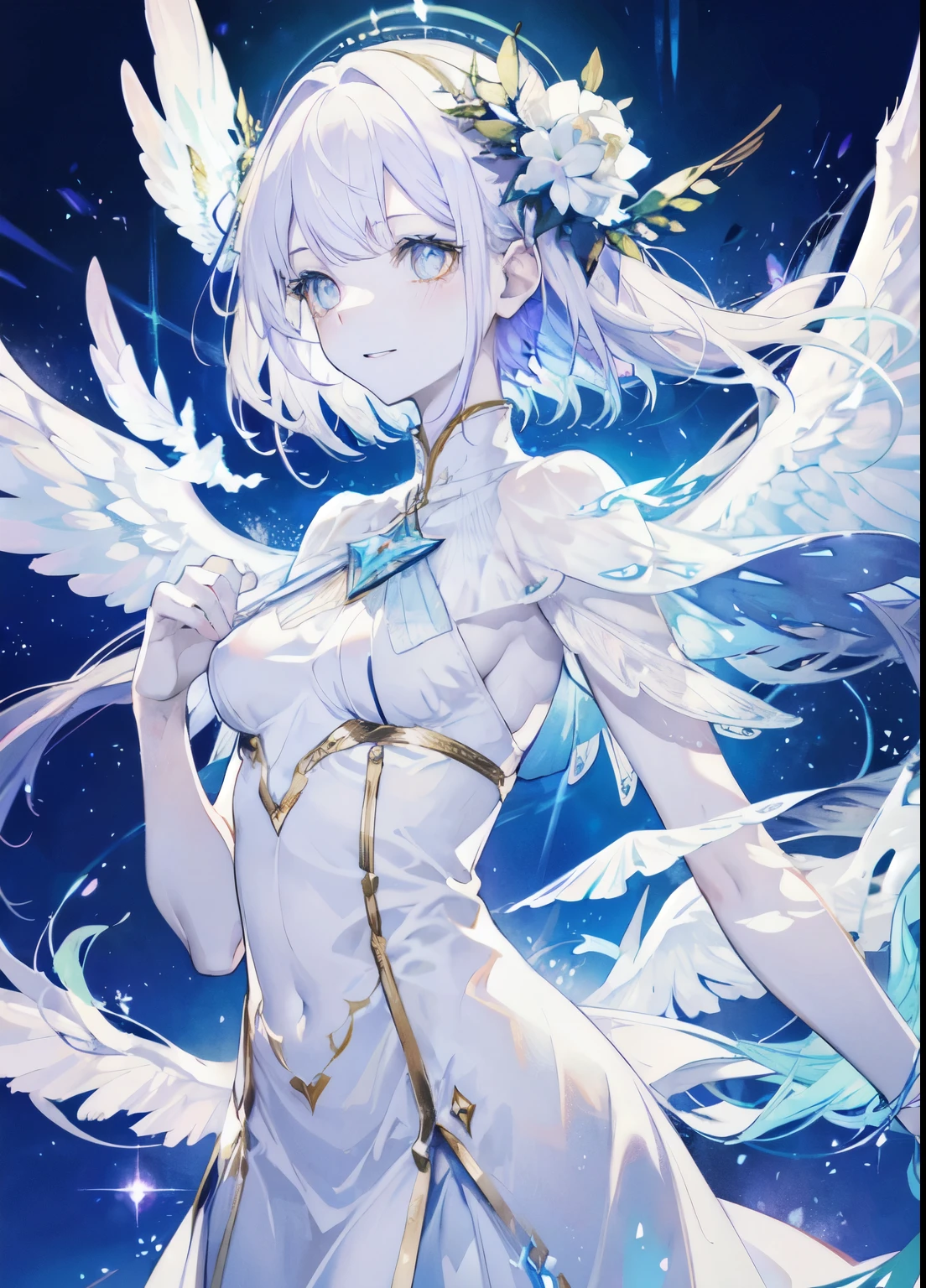 An angel is depicted with a pale and luminous complexion, their skin seemingly glowing with an otherworldly radiance. They are adorned with a pair of sparkling and graceful wings, symbolizing their divine nature. The scene is ethereal and enchanting, capturing the beauty and mystery of these celestial beings. angel, pale, luminous, complexion, glowing, otherworldly, radiance, sparkling, graceful, wings, divine, ethereal, enchanting, beauty, mystery.upper body, smlie