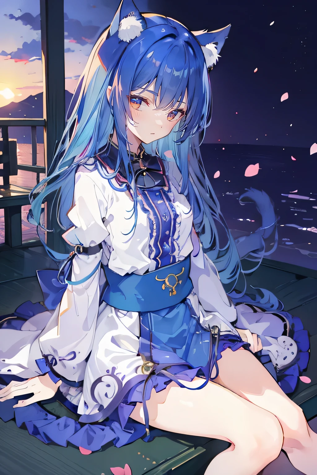 (masterpiece:1.2),Super detailed,Practical,expressive eyes,Fair skin,Perfect face shaping,1 Girl,
Japanese cartoons,Gorgeous blue hair, the long flowing blue hair,Floating clothes,Cat ears,Petals falling,beautiful lola,Young Angel,
Hands on waist,sit elegantly on the ground,Cross your legs,Gentle and peaceful background,Cool and cozy pavilion,Sunset,