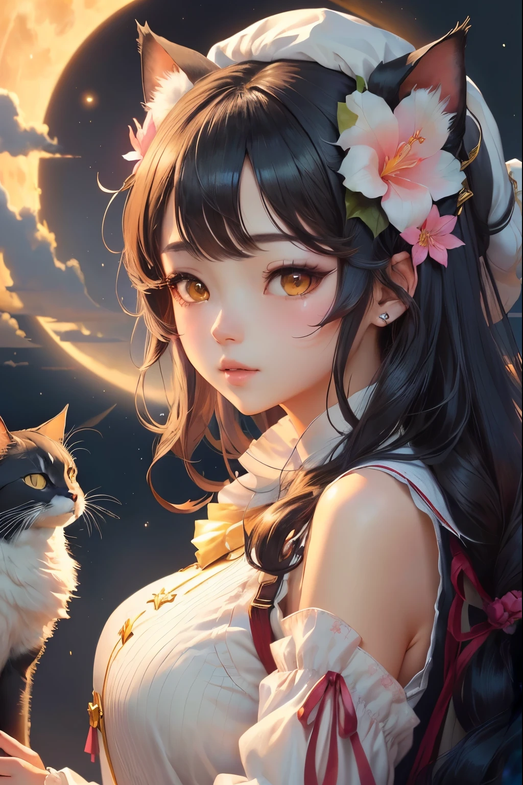 Anime girl with cat and moon on background, Rising in popularity on cgstation, artwork in the style of Guweizu, Guweizu, by 양J, wlop and sakimichan, Guweizu on pixiv artstation, anime fantasy illustration, Chen Lin, cgstation trends, fantasy art style, 🌺 cg society, A conch-shaped hat on the head,