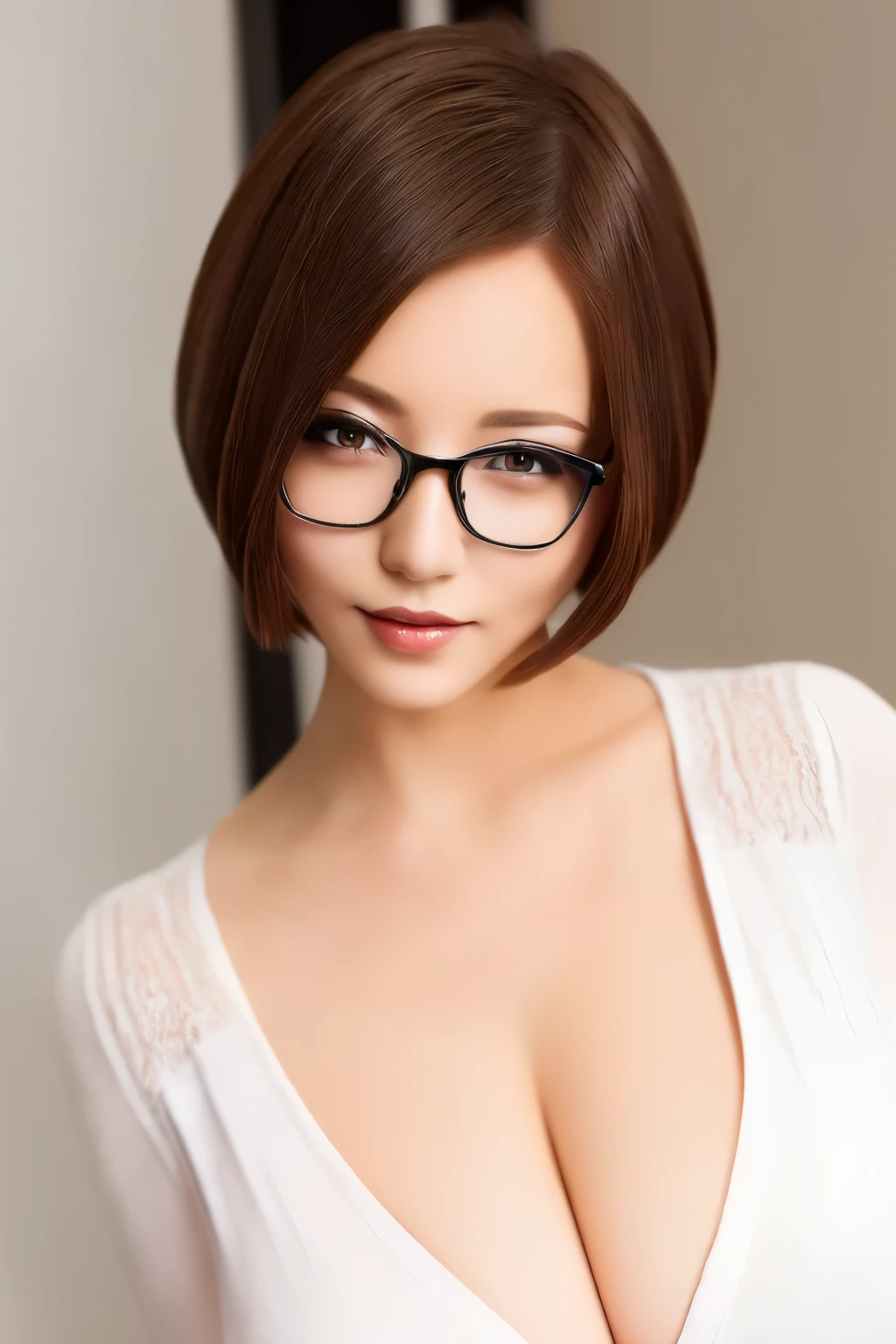 (masterpiece, best quality:1.2), 1 Secretary，short hair，（（（The eyes are very delicate）））shy，Glasses（（Black lingerie））Full lips（8k）（HD）