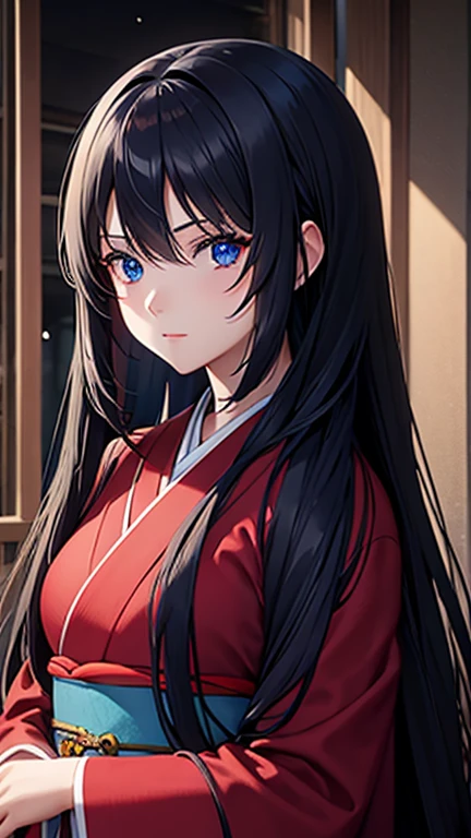 beautiful girl with long black flowing hair, blue eyes, in a red and blue kimono