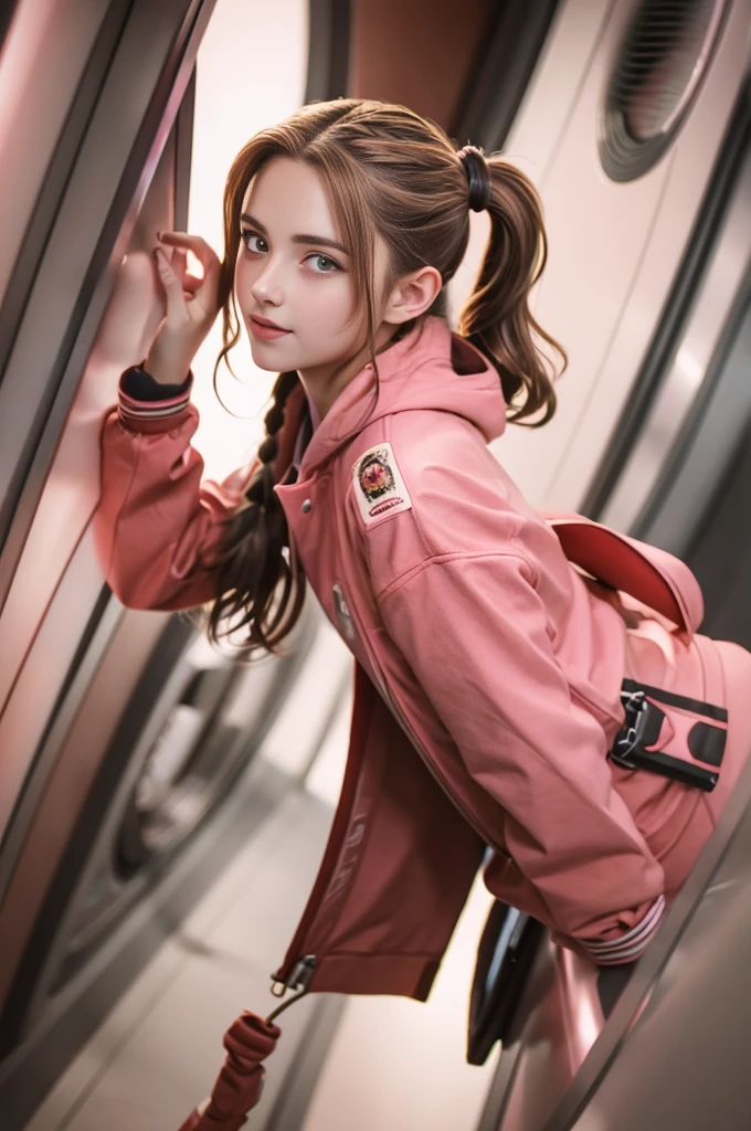 (highest quality,4K,High resolution), 18-year-old female, Brown hair with pink mesh, 長いTwin tailsヘア , Comical appearance,(highest quality,4K,High resolution), 18-year-old female, Pink highlights on brown hair, Long Hair, Twin tails,Twin tails hair,(highest quality,4K,High resolution),Beautiful Eyes ,Big eyes,Red glowing eyes,Emphasis on facial expressions,Delicate illustrations drawn in detail,An elaborately decorated long jacket with a hood,Pink and red color scheme,Denim shorts,Realistic depiction,Vibrant colors,performance,Classic background(highest quality,4K,High resolution), Comical appearance,(highest quality,4K,High resolution), 18-year-old female, Pink highlights on brown hair, ロングTwin tails, Beautiful woman,Beautiful Eyes ,Cute eyes,Comic Strip,And soul,Cute deformation illustration,Full body projection,Tracking,Time to Tracking,Just chase
