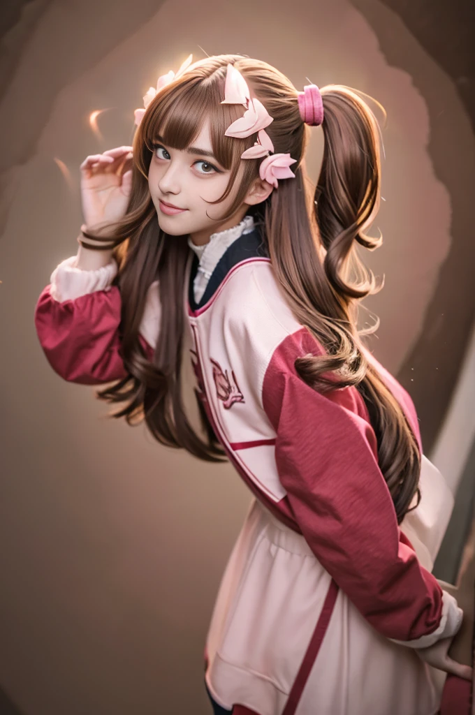 (highest quality,4K,High resolution), 18-year-old female, Brown hair with pink mesh, 長いTwin tailsヘア , Comical appearance,(highest quality,4K,High resolution), 18-year-old female, Pink highlights on brown hair, Long Hair, Twin tails,Twin tails hair,(highest quality,4K,High resolution),Beautiful Eyes ,Big eyes,Red glowing eyes,Emphasis on facial expressions,Delicate illustrations drawn in detail,An elaborately decorated long jacket with a hood,Pink and red color scheme,Denim shorts,Realistic depiction,Vibrant colors,performance,Classic background(highest quality,4K,High resolution), Comical appearance,(highest quality,4K,High resolution), 18-year-old female, Pink highlights on brown hair, ロングTwin tails, Beautiful woman,Beautiful Eyes ,Cute eyes,Comic Strip,And soul,Cute deformation illustration,Full body projection,Tracking,Time to Tracking,Just chase