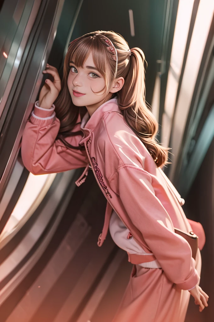 (highest quality,4K,High resolution), 18-year-old female, Brown hair with pink mesh, 長いTwin tailsヘア , Comical appearance,(highest quality,4K,High resolution), 18-year-old female, Pink highlights on brown hair, Long Hair, Twin tails,Twin tails hair,(highest quality,4K,High resolution),Beautiful Eyes ,Big eyes,Red glowing eyes,Emphasis on facial expressions,Delicate illustrations drawn in detail,An elaborately decorated long jacket with a hood,Pink and red color scheme,Denim shorts,Realistic depiction,Vibrant colors,performance,Classic background(highest quality,4K,High resolution), Comical appearance,(highest quality,4K,High resolution), 18-year-old female, Pink highlights on brown hair, ロングTwin tails, Beautiful woman,Beautiful Eyes ,Cute eyes,Comic Strip,And soul,Cute deformation illustration,Full body projection,Tracking,Time to Tracking,Just chase