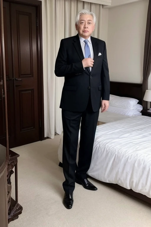 Young man, male, wearing a navy suit, sitting on a chair, Japanese, thick thighs, large thighs, bulging crotch, plump thighs, full crotch, muscular, heavy crotch, angle from below, tight navy suit