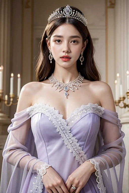 8K, ultra hd, masterpiece, very realistic, 1 girl, Highest quality, masterpiece, best picture quality, very realistic, cinematic light, a queen, super fine face, beautiful eyes, beautiful lips,attractive,elegant,grace,full body, perfect body, ornate, earrings, jewelries, necklace, complicated but beautiful pale purple crown, beautiful jewelries on crown, wearing beautiful pale purple long dress and elegant see through white lace, ornate dress, near the throne, standing beautifully,a queen's accessories, random 4 hairstyles, very detailed skin and face,