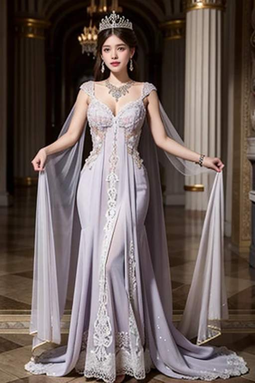 8K, ultra hd, masterpiece, very realistic, 1 girl, Highest quality, masterpiece, best picture quality, very realistic, cinematic light, a queen, super fine face, beautiful eyes, beautiful lips,attractive,elegant,grace,full body, perfect body, ornate, earrings, jewelries, necklace, complicated but beautiful pale purple crown, beautiful jewelries on crown, wearing beautiful pale purple long dress and elegant see through white lace, ornate dress, near the throne, standing beautifully,a queen's accessories, random 4 hairstyles, very detailed skin and face,