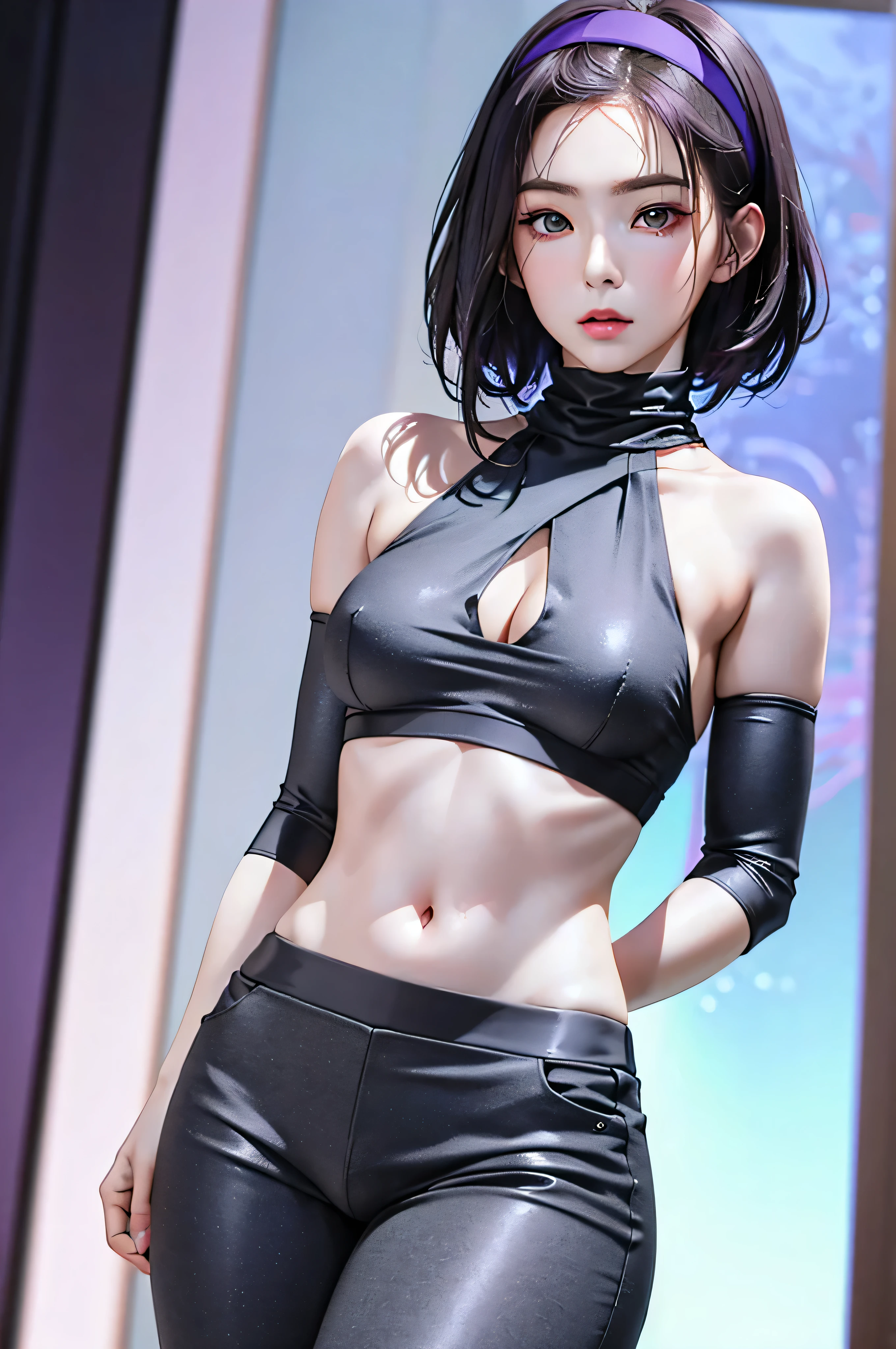 (Finest quality)),(A high resolution),(ultra-detailled art),(Meticulous portrayal),((Best Anime)),(Finest works of art),sharpness,Clear,Ultra-Precision Art,The art of astounding depiction, (Female Ninja in the Dark:1.3),
short Hair, purple hair, vibrant purple hair, extremely detailed hair, detailed bangs, with bangs, short hair only,
pretty face, beautiful lips, soft lips,pretty face, close up face,serious face, pretty nose, beautiful nose,
pretty eyes, beautiful eyes, detailed eyes, perfect eyes, green eyes,
korean girl, korean beauty, irene, red velvet irene,
clear skin, clear skin, white skin, soft skin, slim body, small breasts, detailed skin, detailed thighs, show navel, detailed arms,
Ninja clothing, Ninja outfit, gray cycling shorts, gray halter top turtle neck, detailed halter top turtleneck, thick halter top turtle neck, black arm sleeves, detailed sleeves, cover breasts, cover neck,
looking at camera,
gray shorts, detailed gray shorts, gray headband in forehead, wearing headband in forehead,
standing,
super low-angle shot, looking down,