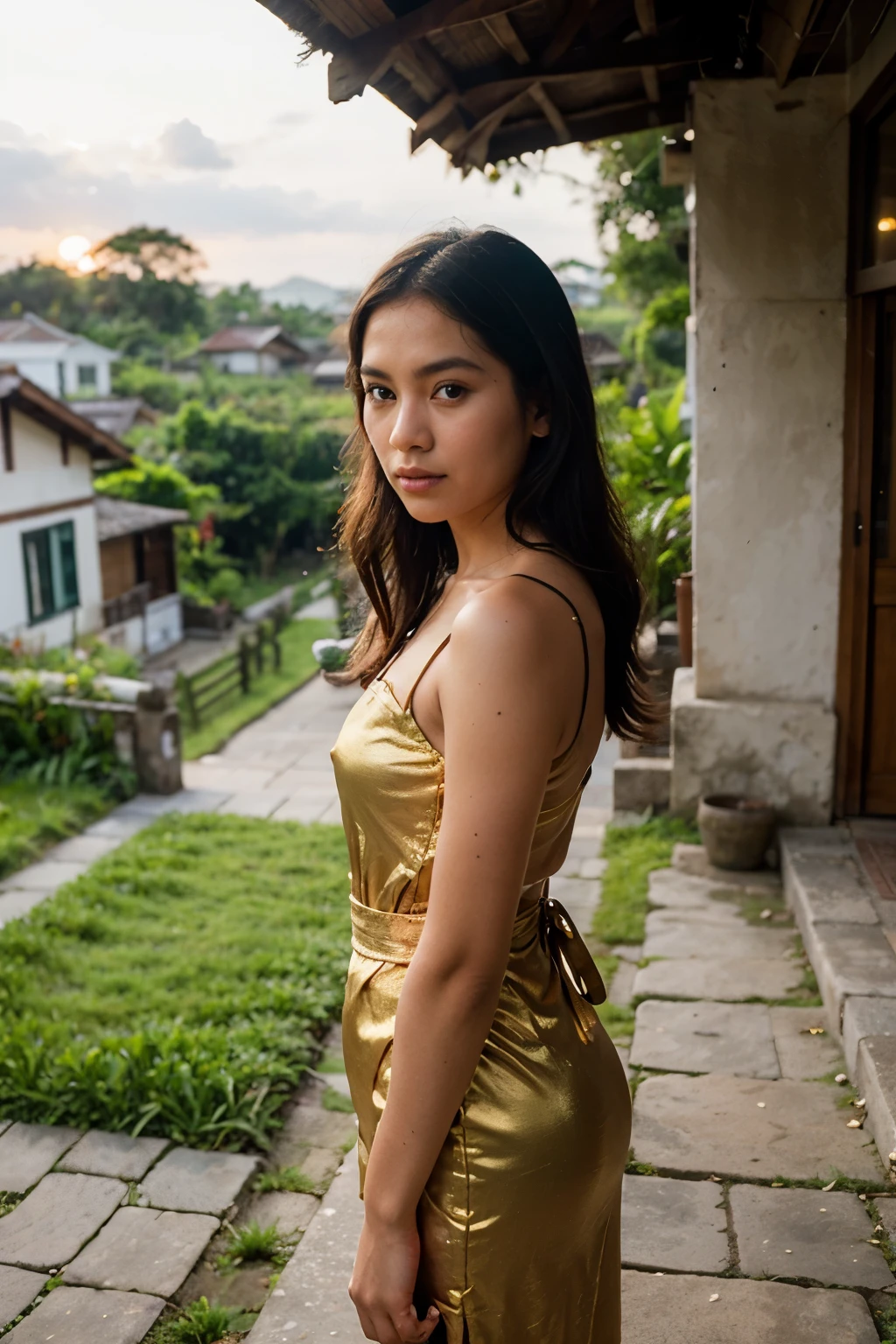 In a traditional Indonesian village, a mesmerizing beauty girl bids farewell to the day as the sun begins to set. She stands amidst lush green rice terraces, her vibrant red and gold traditional dress contrasting against the natural surroundings. The village is filled with charming wooden houses adorned with intricate carvings, and colorful flowers bloom in every corner. The mood is nostalgic and peaceful, capturing the simplicity and beauty of rural life. The style is a painting with vibrant colors and detailed brushwork, reminiscent of Indonesian traditional art. The lighting is warm and soft, with the setting sun casting a gentle glow over the village. The realization is a traditional painting on canvas, using acrylic or oil paints to bring out the vividness of the colors and textures.