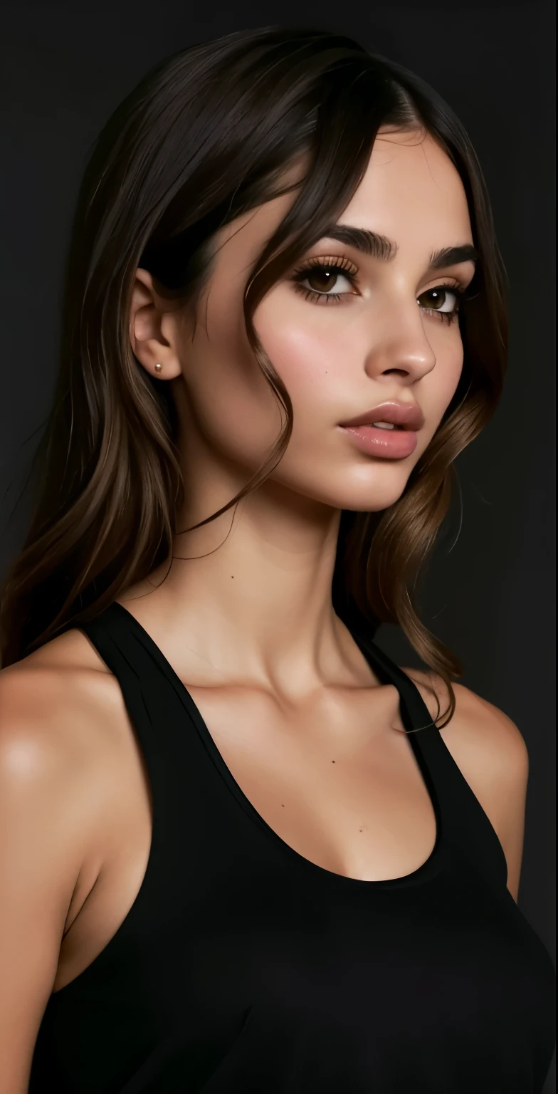 um close de uma mulher com uma blusa preta e um telefone celular, Retrato de Sophie Mudd, inspirado em Emma Andijewska, queixo definido, beautiful cheekbones, queixo forte, retrato emily ratajkowski, well queixo definido, queixo cinzelado, ana de armas portrait, defined cheekbones, moist skin, ellie victoria gale