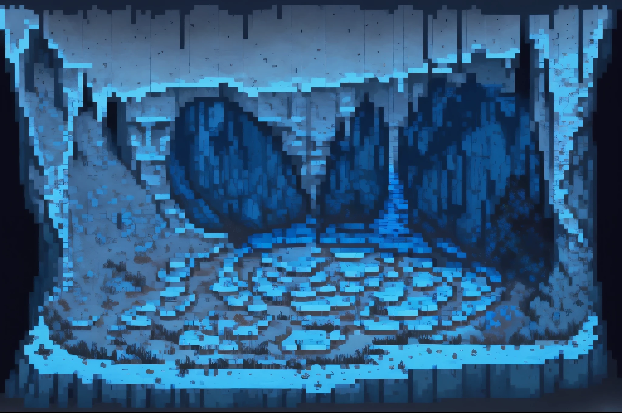 (DnD map) top down view of a gemstone cavern with a ladder up in the right side and an opening into a gemstone deposit on the left dark blue colors