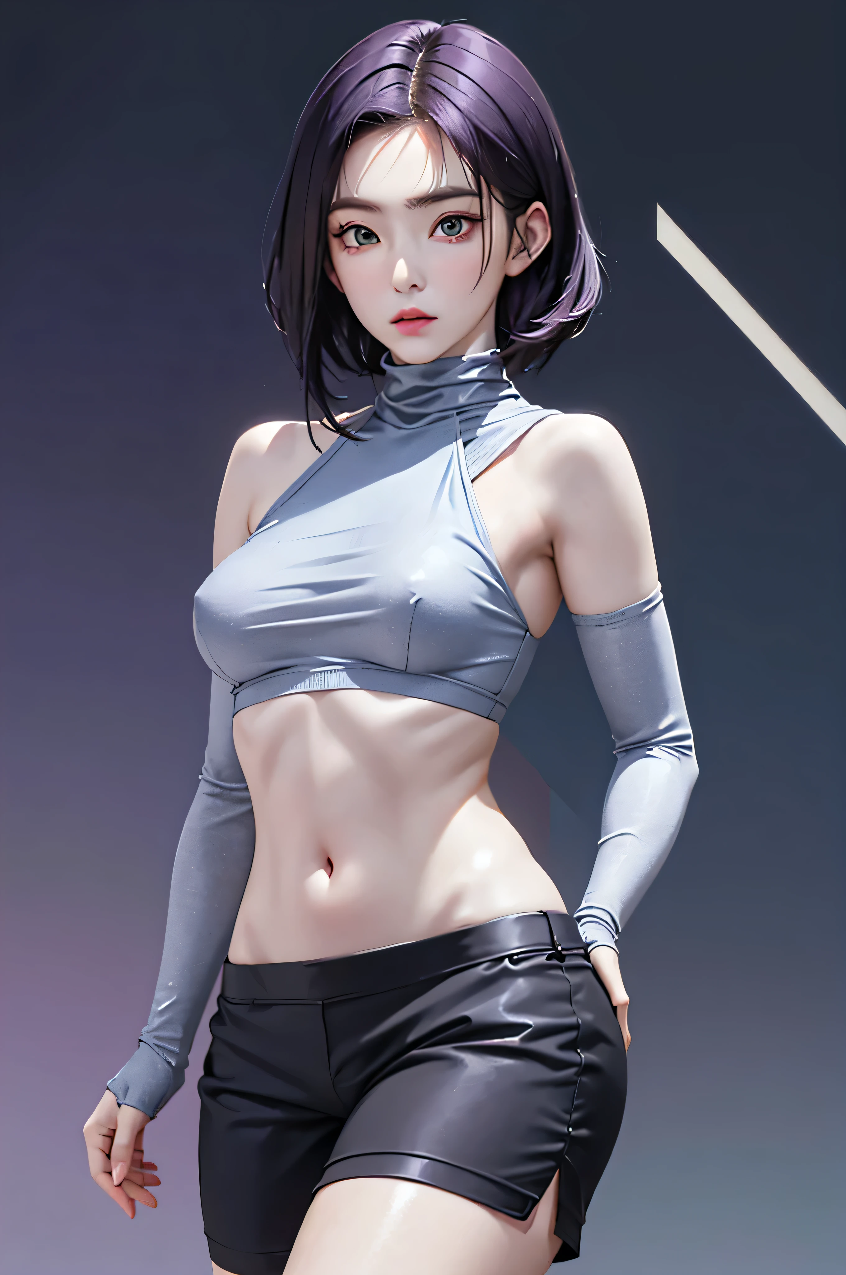 (Finest quality)),(A high resolution),(ultra-detailled art),(Meticulous portrayal),((Best Anime)),(Finest works of art),sharpness,Clear,Ultra-Precision Art,The art of astounding depiction, (Female Ninja in the Dark:1.3),
short Hair, purple hair, vibrant purple hair, extremely detailed hair, detailed bangs, with bangs, short hair only,
pretty face, beautiful lips, soft lips,pretty face, close up face,serious face, pretty nose, beautiful nose,
pretty eyes, beautiful eyes, detailed eyes, perfect eyes, green eyes,
korean girl, korean beauty, irene, red velvet irene,
clear skin, clear skin, white skin, soft skin, slim body, small breasts, detailed skin, detailed thighs, show navel, detailed arms,
Ninja clothing, Ninja outfit, gray cycling shorts, gray halter top turtle neck, detailed halter top turtleneck, thick halter top turtle neck, black arm sleeves, detailed sleeves, cover breasts, cover neck,
looking at camera,
gray shorts, detailed gray shorts,
standing,
super low-angle shot, looking down,