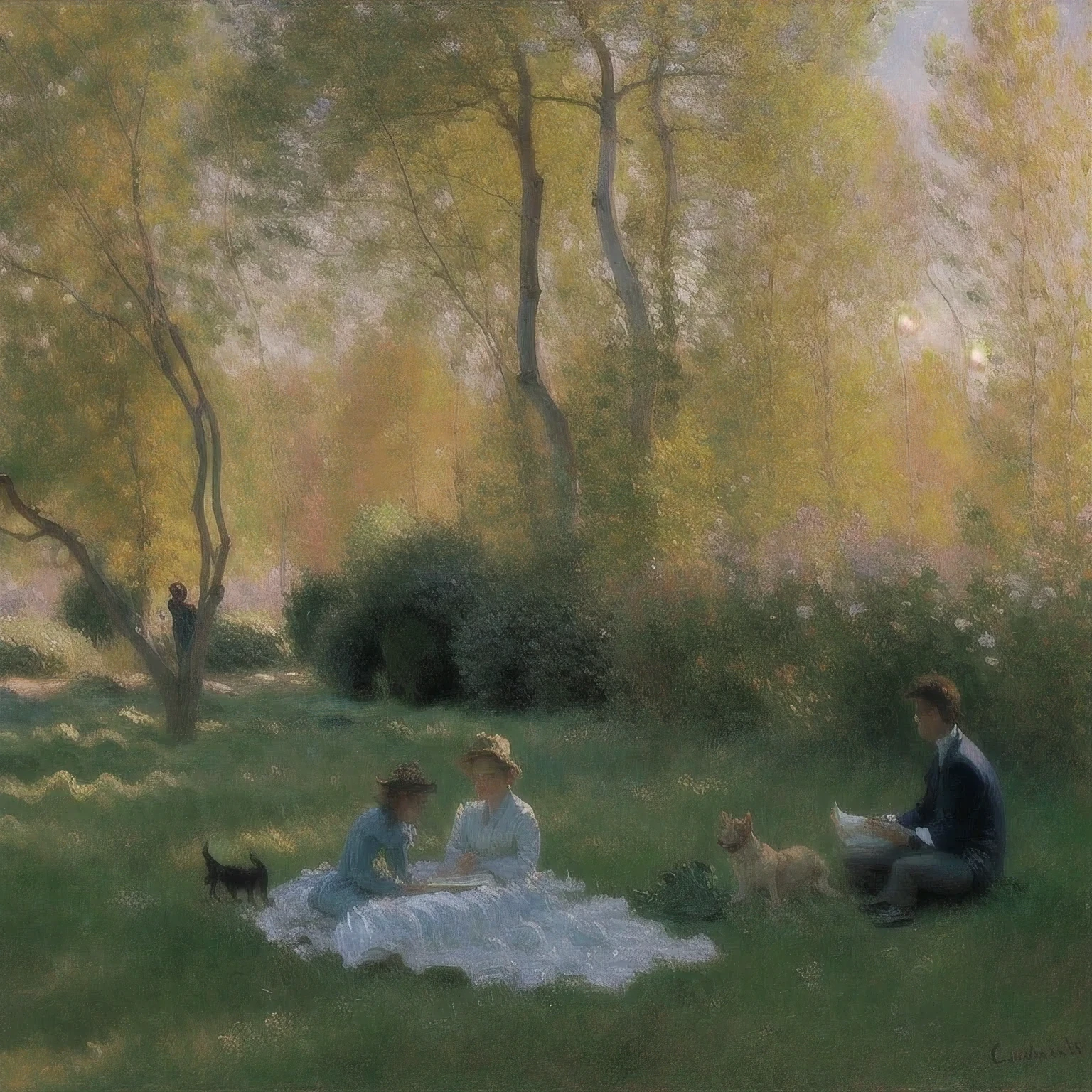 Impressionist paintings, Claude Monet Style, sunlight filtering through a large tree, a boy and girl sitting in the shade, and a dog, monai\(style\)