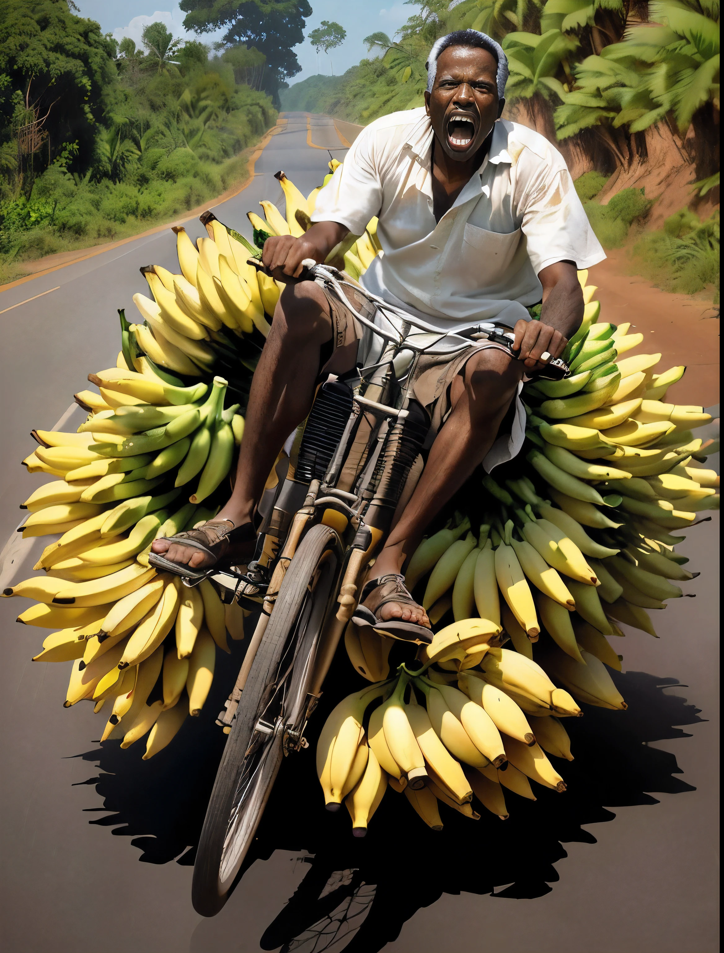 arafed man riding a bike with a bunch of bananas on the back, bananas, clumps of bananas, banana, banana color, giant bananas natural disaster, bananas weapon, banana trees, amazing composition, Very inspiring, interesting composition, Sri Lankan Mad Max style, Extremely creative, Photo Processing, Great composition, wonderful expression, wonderful masterpiece, Unusual composition, Photoshopped