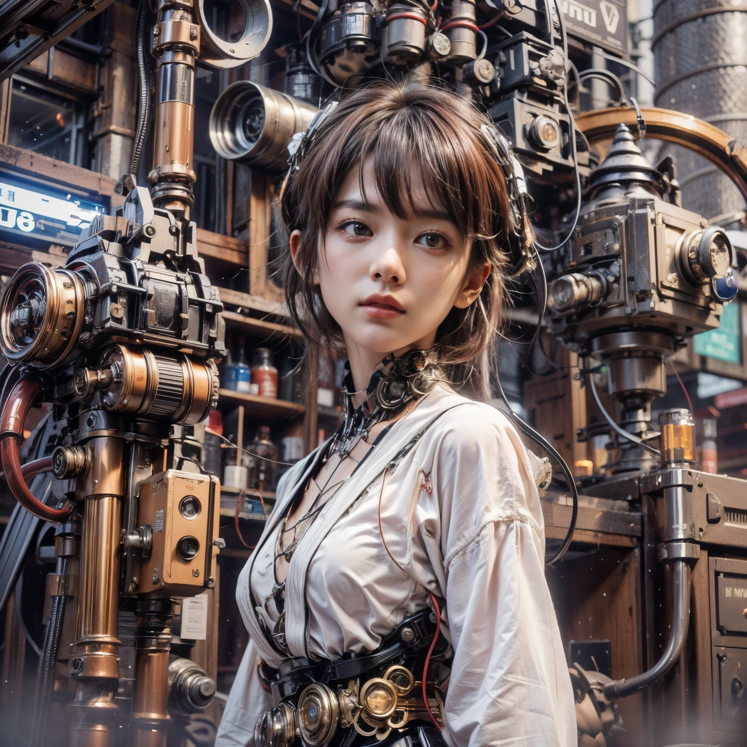 (top-quality:1.2, masterpiece)、ultra high resolution、extremely ultra surrealism, (Photorealsitic:1.4)、Raw photo、(Steampunk Battle Cyborg fallen angel)、(large mechanical bat wings)、black porcelain body、red hair、glowy skin、1 Cyborg girl、(mechanical frame:1.3)japanese, extremely cute face, ((super realistic details))、portrait、globalillumination、Shadow、octan render、8K、ultrasharp、character edge light、Details of complex ornaments、Acrylic Clear Cover、Sumerian details、Hydraulic cylinder、Small LED lamp、highly intricate detail、Realistic light、a purple eye、radiant eyes、Facing the camera、neon details、cowboy shot、Futuristic headgear、About Cyberpunk