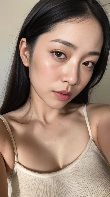highest quality,masterpiece,Ultra-high resolution,(Realistic:1.4),Beautiful lighting, (Highly detailed CG Unity 8k wallpaper), Beautiful face in every detail,Detailed clothing, 50mm portrait photography, One Girl,Big black eyes, cute, young, Pause, Facial Lighting, Physically Based Rendering,Written boundary depth , Black Hair,Medium Hair,(Serious face), ((Take from above)), Japanese women、20-year-old、Red Bra、(Big Breasts),Hotel Rooms、Young and beautiful woman taking a selfie, Taken with iPhone camera,