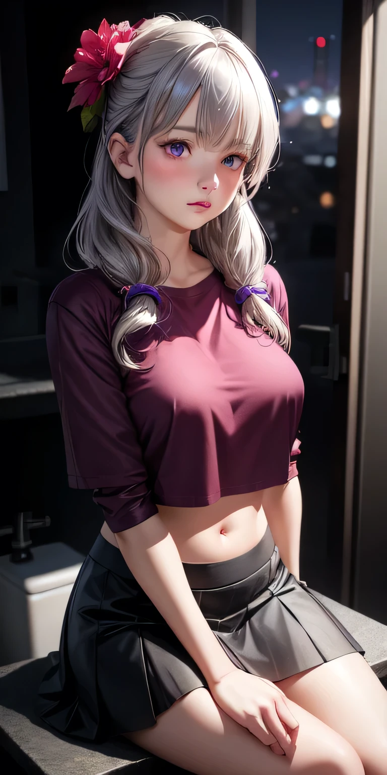 Realistic, One girl, Gray Hair, Purple eyes, Glowing Eyes, Crop top, skirt, Lips parted, blush, night, Flowers, Sitting,toilet,Red Shirt