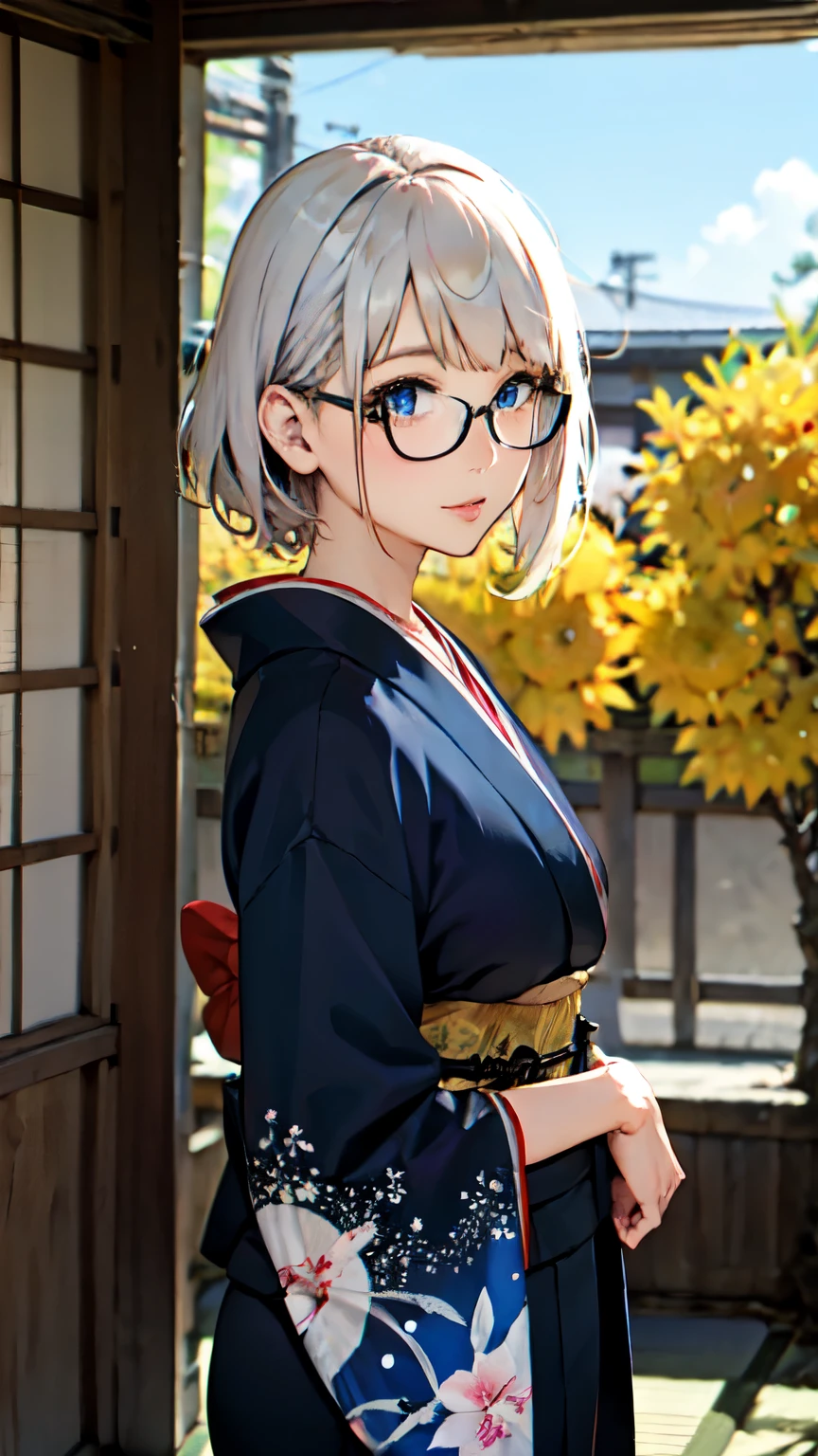1Lady, white pixie hair, blue eyes, glasses, kimono, traditional japanese, high res, ultrasharp, 8K, masterpiece, looking at viewer, sunny, Japanese scenery
