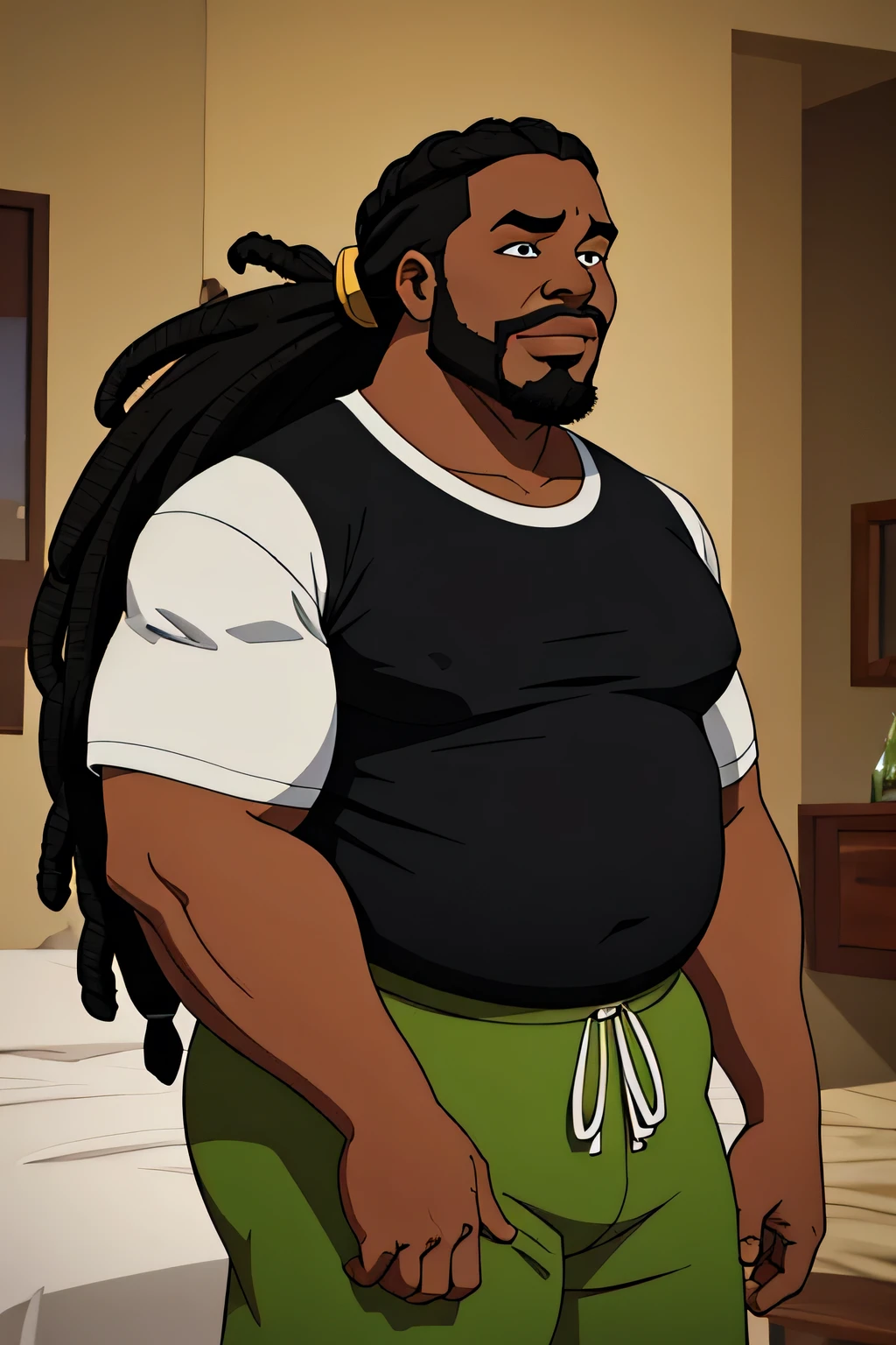a fat, light skinned man with a big belly and black dreadlocs tied in a ponytail, with a goatee, wearing a black t-shirt