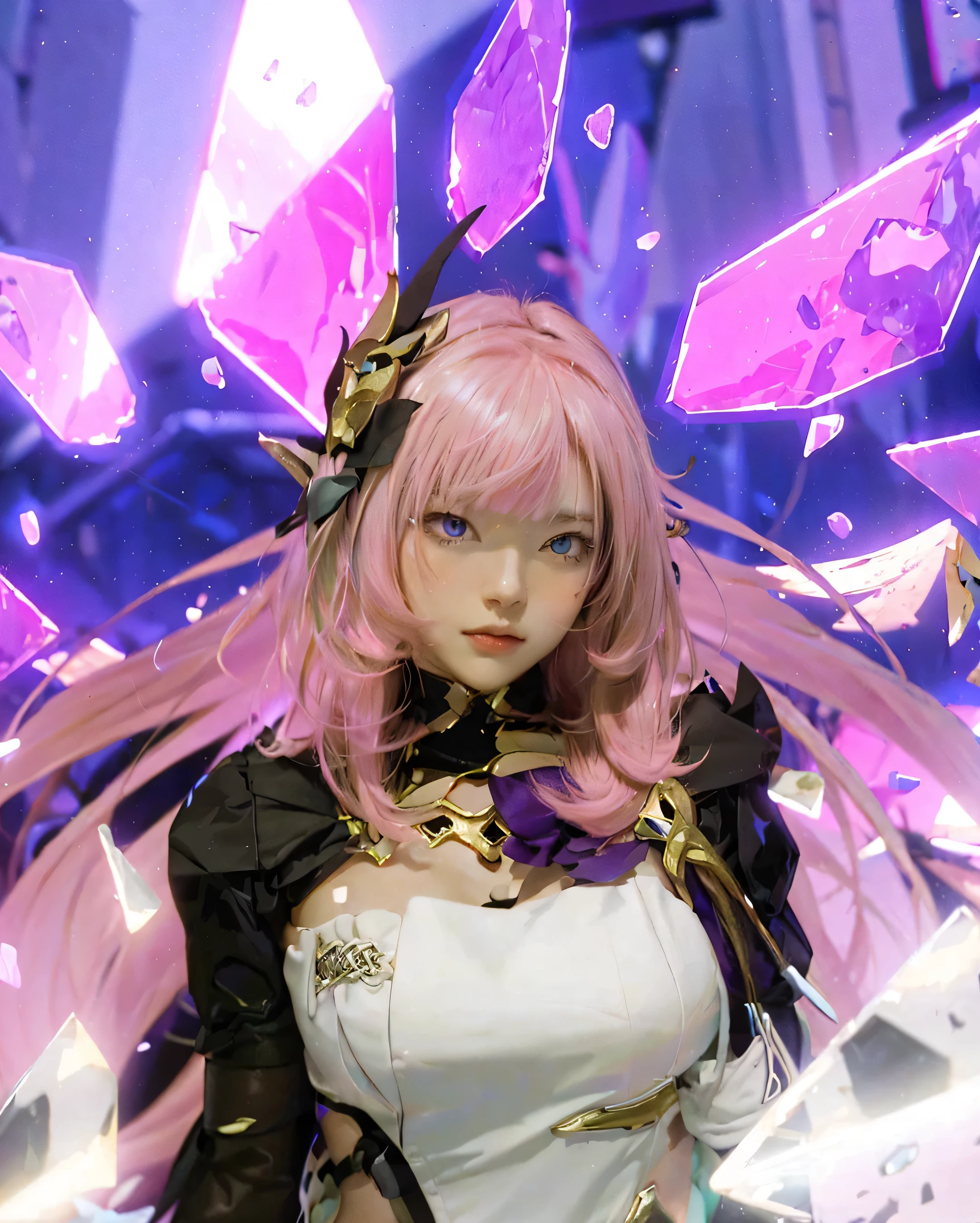 ((ELYSIA_HONKAI IMPACT 3rd)),((realistic, photorealistic)),(highlight hair)), Light reflection, (( HD )),((upper body)), (((best quality, masterpiece))), (masterpiece) (best quality) (detail) (8k) (HDR) (wallpaper) (cinematic lighting) (sharp focuasterpiece, best quality: 1.1), Real life adaption of this character, Asian beauty face, Shining green eyes, realistic outfit, realistic shadow, realistic light, realism, hyper realistic, realistic background,Realistic hair, realistic hair at the back,(photorealistic:1.2), 1girl,Sky Background, broken glass, scattered, glowing,Hair flowing, flying flying, hair flying,Don't blur the back hair