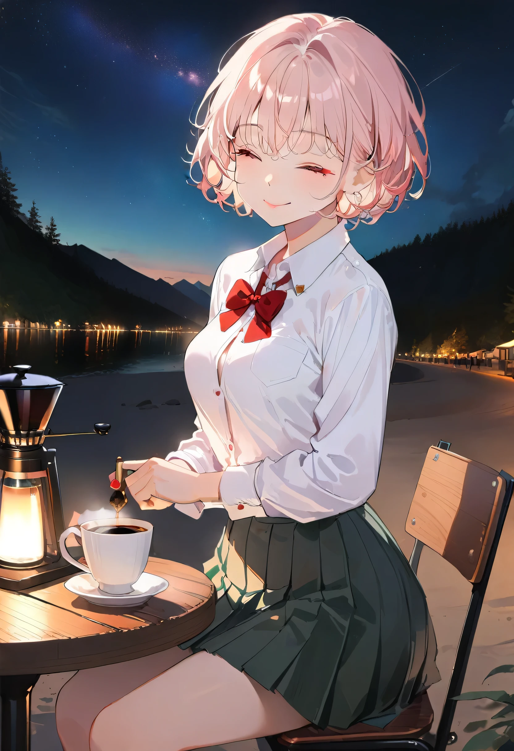 (8K, original photo, best quality, masterpiece: 1.2), (Practical, photo-Practical: 1.37), Extremely detailed, 1 girl, Lovely, Solitary, Beautiful and detailed sky, Detailed coffee, night, sit, (Red nose), (Smile: 1.1), (mouth closed), Medium breasts, Beautiful and delicate eyes, (Collared shirt: 1.1), bow tie, Pleated Skirt, (short hair: 1.2), long hair, Canadian Ice Cream,