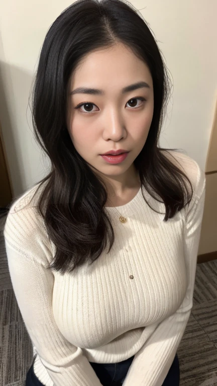 highest quality,masterpiece,Ultra-high resolution,(Realistic:1.4),Beautiful lighting, (Highly detailed CG Unity 8k wallpaper), Beautiful face in every detail,Detailed clothing, 50mm portrait photography, One Girl,Big black eyes, cute, young, Temporarily stop, Facial Lighting, Physically Based Rendering,Written boundary depth , Black Hair,Medium Hair,(Serious face), ((Take from above)), Japanese women、20-year-old、White shirt、(Big Breasts),In front of the locker、Young and beautiful woman taking a selfie, Taken with iPhone camera,