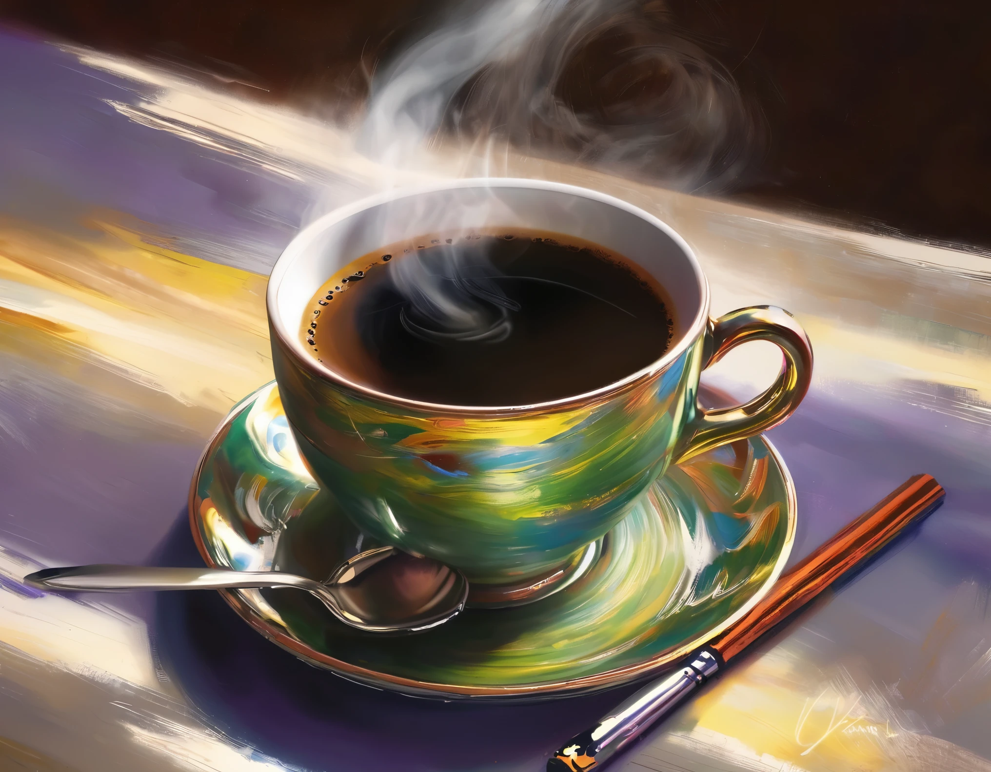 (best quality,realistic:1.37), Monet style, still life, a cup of coffee steaming, close-up, detailed brushstrokes,vibrant colors, impressionistic lighting