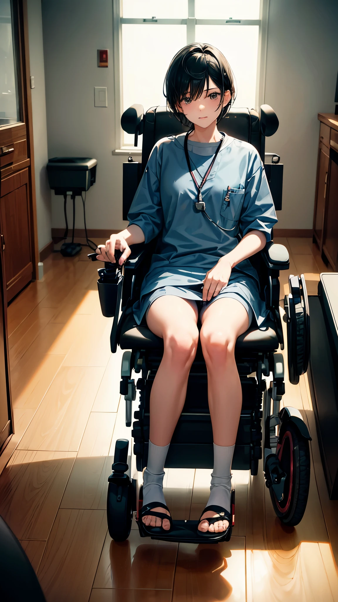 (Super detailed, realistic), hospital scene, [Moderately:Oil], [Professional:1.1], [Physically based rendering], [bright colors], [sharp focus], [studio lighting], [extreme details], [highest quality,4k,8K,High resolution,masterpiece:1.2],(full body),inside the house,inside the room,One 18-year-old boy,femboy,trap,(short black hair),(dark), [nervous eyes],(casual ladies fashion,dress,socks,pamps,),((ride in an electric wheelchair)),((operate a power wheelchair))