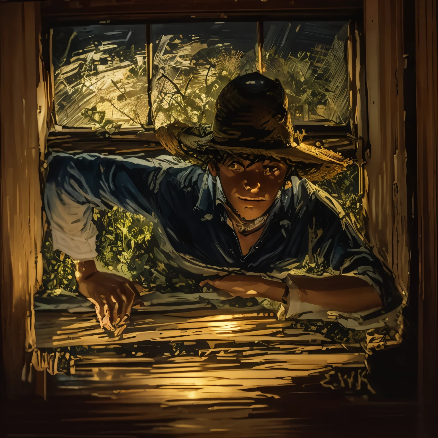 In midnight, -yeld boith a large worn-out straw hat crawling through a window into the bedroom