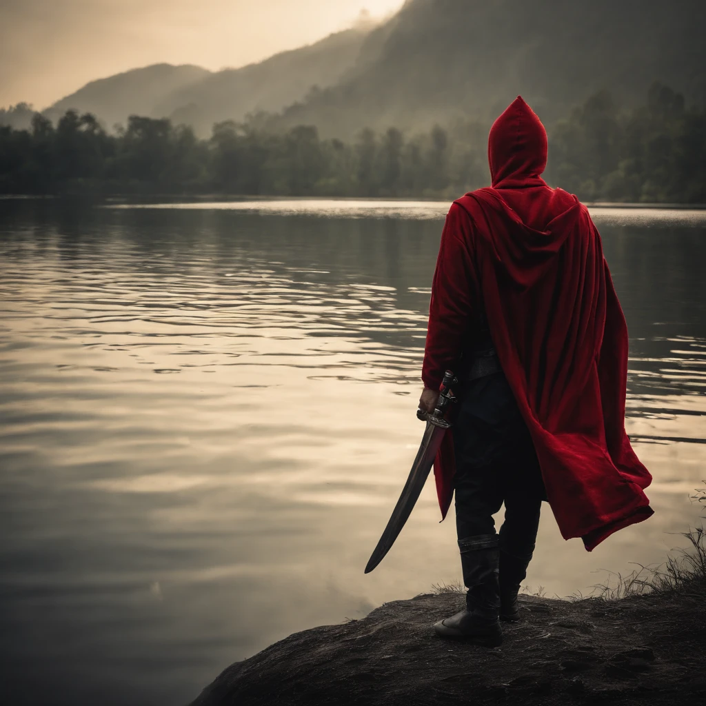 Silhouette portrait of an Asian man wearing a red hoodie, jeans and formal shoes, carrying a shining red sword, in a dynamic posture, holding the hilt of the sword in hand, alone, in the lake, facing camera, with high contrast, film lighting, mysterious atmosphere, wrinkles, water splash, moon, motion blur, swordsman, black silhouette, realistic, HD 8k with some mist and additional water splashes around the sword