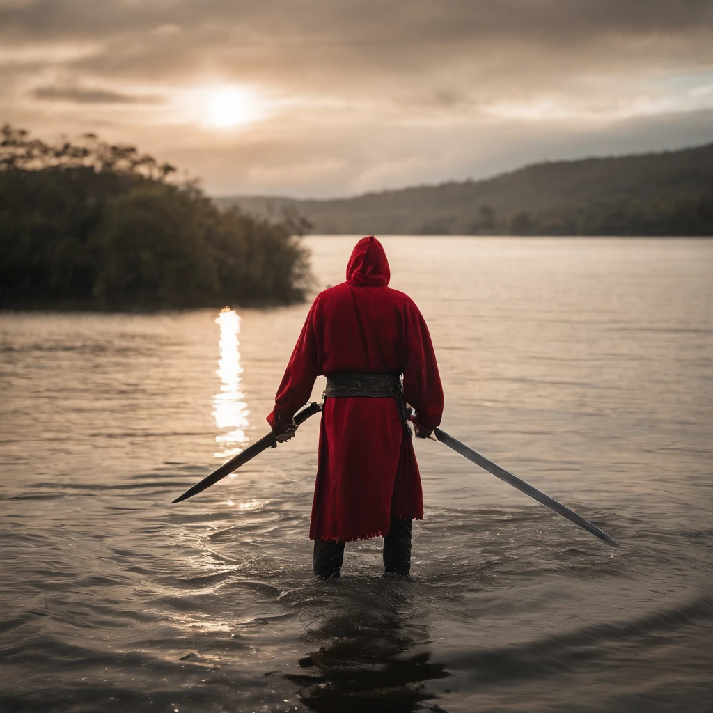 Silhouette portrait of an Asian man wearing a red hoodie, jeans and formal shoes, carrying a shining red sword, in a dynamic posture, holding the hilt of the sword in hand, alone, in the lake, facing camera, with high contrast, film lighting, mysterious atmosphere, wrinkles, water splash, moon, motion blur, swordsman, black silhouette, realistic, HD 8k with some mist and additional water splashes around the sword