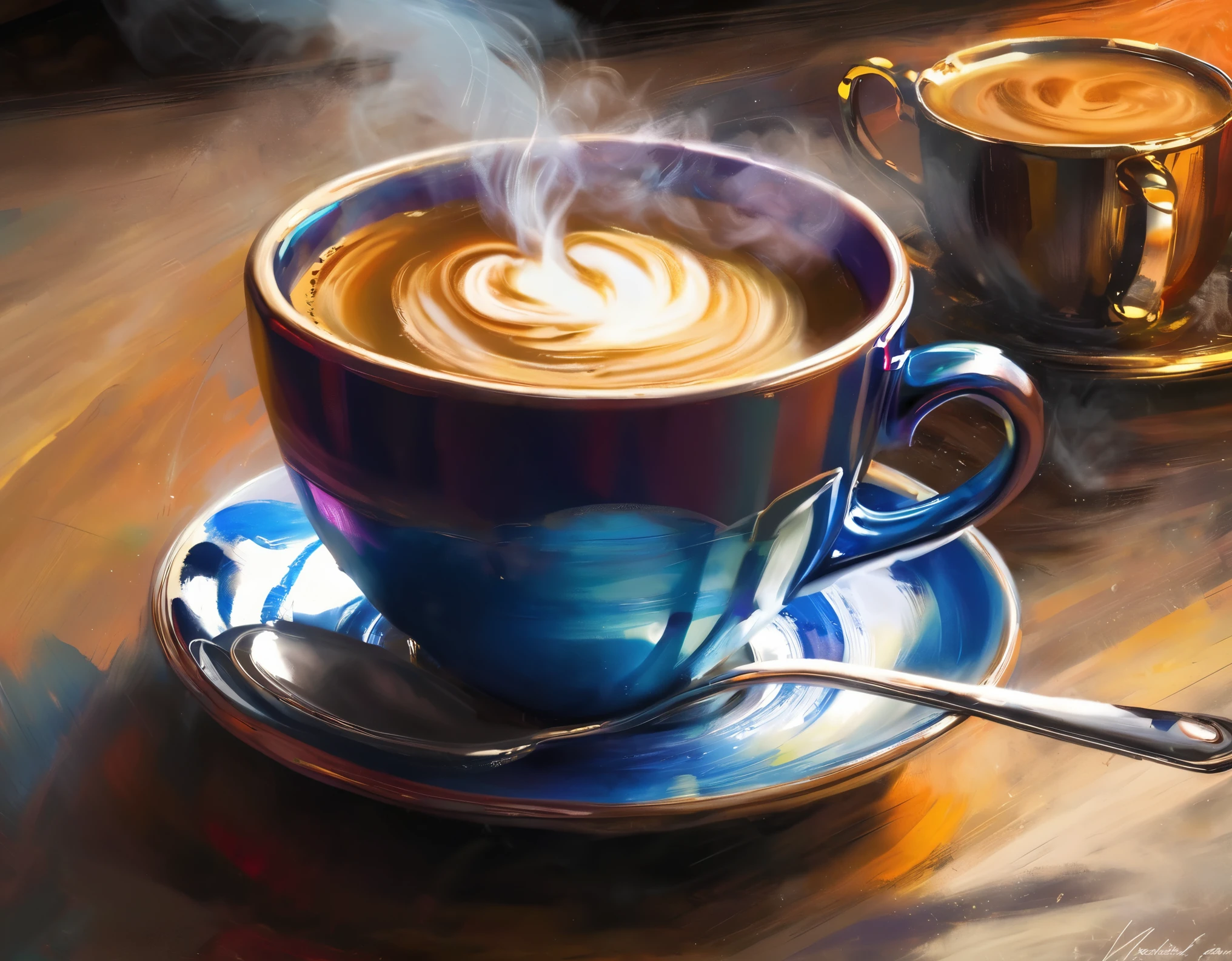 (best quality,realistic:1.37), Monet style, still life, a cup of coffee steaming, close-up, detailed brushstrokes,vibrant colors, impressionistic lighting