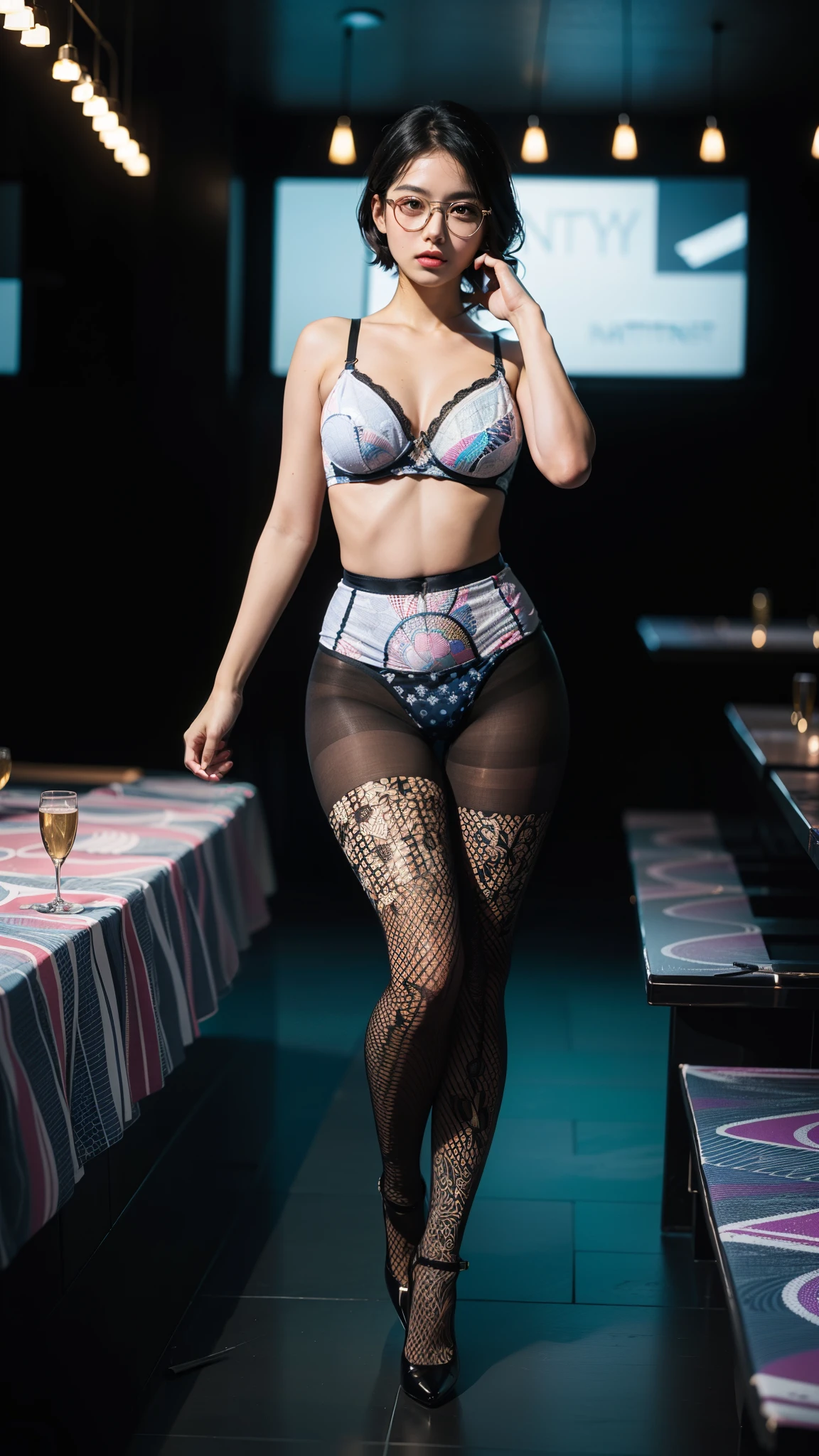 (full body:1.5),(((only one girl)):1.4),(view the viewer:1.4),((anatomy correct):1.45),(((dancing in the night club, Perfectly integrated background))):1.3),(she wears large glasses and Holding bra & pantie in her hand:1.2),(shy:1.15),((stocking set):1.2),(((((((patterns)))))) ,((thick pantyhose)):1.3),(high heels leather shoes:1.1),((Long legs and large chest):1.3),((((colorful))):1.4),(Accurate and perfect face:1.3),((black short hair):1.2),hyper HD, Ray traching, reflective light, structurally correct, Award-Awarded, high detail, lighten shade contrast, Face lighting ,cinematic lighting, masterpiece, super detailing, high quality, high detail, best quality, 16k,High contrast,