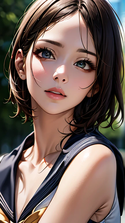 (hig彼st quality、8k、32k、masterpiece)、(Realistic)、(Realistic:1.2)、(High resolution)、Very detailed、Very beautiful face and eyes、1 girl、Delicate body、(hig彼st quality、Attention to detail、Rich skin detail)、(hig彼st quality、8k、Oil paints:1.2)、Very detailed、(Realistic、Realistic:1.37)、Bright colors、Full Body Shot, (high school girl:1.6, Sailor suit), short hair