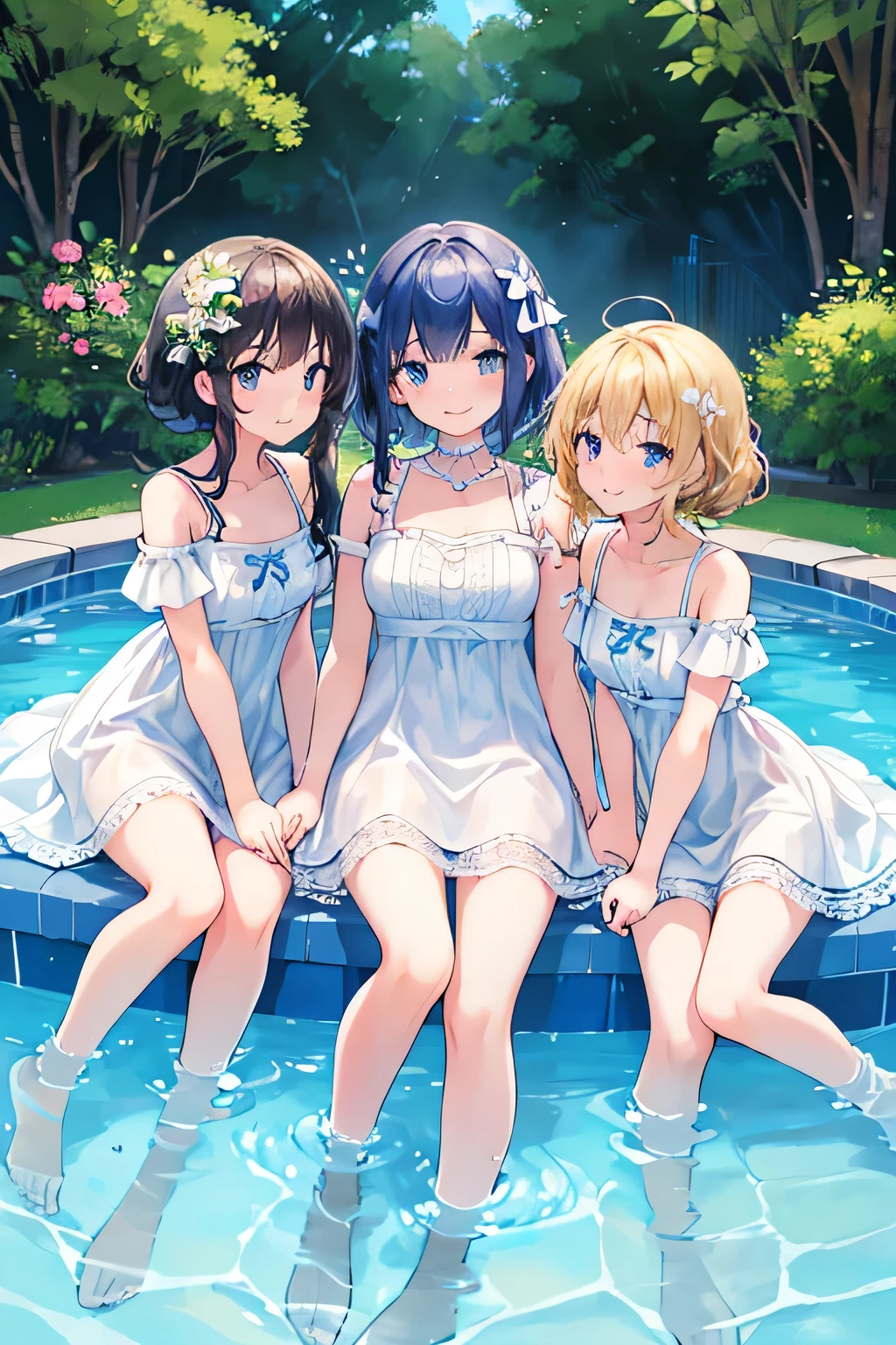 highest quality、High resolution、Detailed Background、(Beautiful face in every detail:1.4)、Anatomically correct、(Detailed facial expressions)、(Detailed eyes:1.2)、(Detailed eyes:1.2)、Teenage beauty、Cute color hair color、Cute hairstyle、well-groomed eyebrows、In a joking manner、A big smile、Cute gestures、Fit on one screen、Pools and other water play spots、(Three girls playing:1.5)、

Splashing and floating in the water、By the pool、Children are happily swimming on swim rings and pool toys floating in the center of the pool.、Stand on the edge of the pool and jump with your friends, holding hands、sitting on the edge of the pool with feet in the water、Water gun and water balloon fights in the pool、Splashes of water, smiles and friendship、
The white dress with lace design gives an elegant and sophisticated impression.、Lace on the sleeves and chest will add a more glamorous touch.、This simple and sporty white mini dress is perfect for active teenage girls.、
A white dress with off-the-shoulder and frills will accentuate your femininity while also creating a cute look.