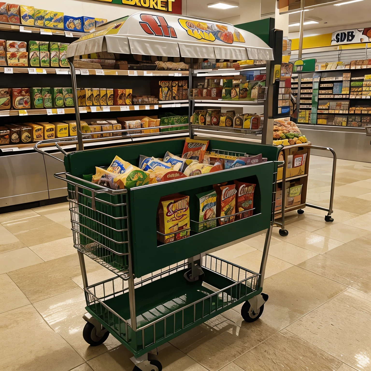 Cartoon logo of a super market cart with pantry 