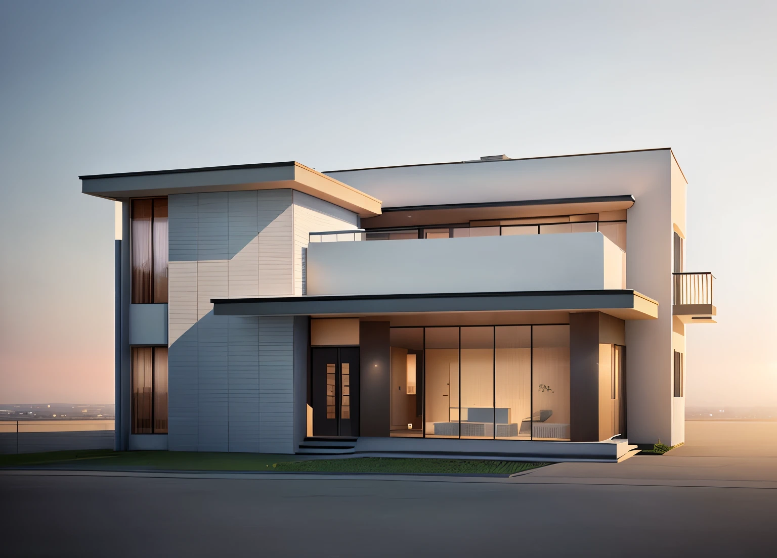 a rendering of a modern house with a large balcony and a balcony, front elevation view, 3 / 4 view, 3/4 view, front-view, elevation view, conceptual rendering, pre-rendered, front side view, architectural rendering, concept drawing, frontview, contemporary house, rendered, front view, front perspective, concept house, architectural render, side front view