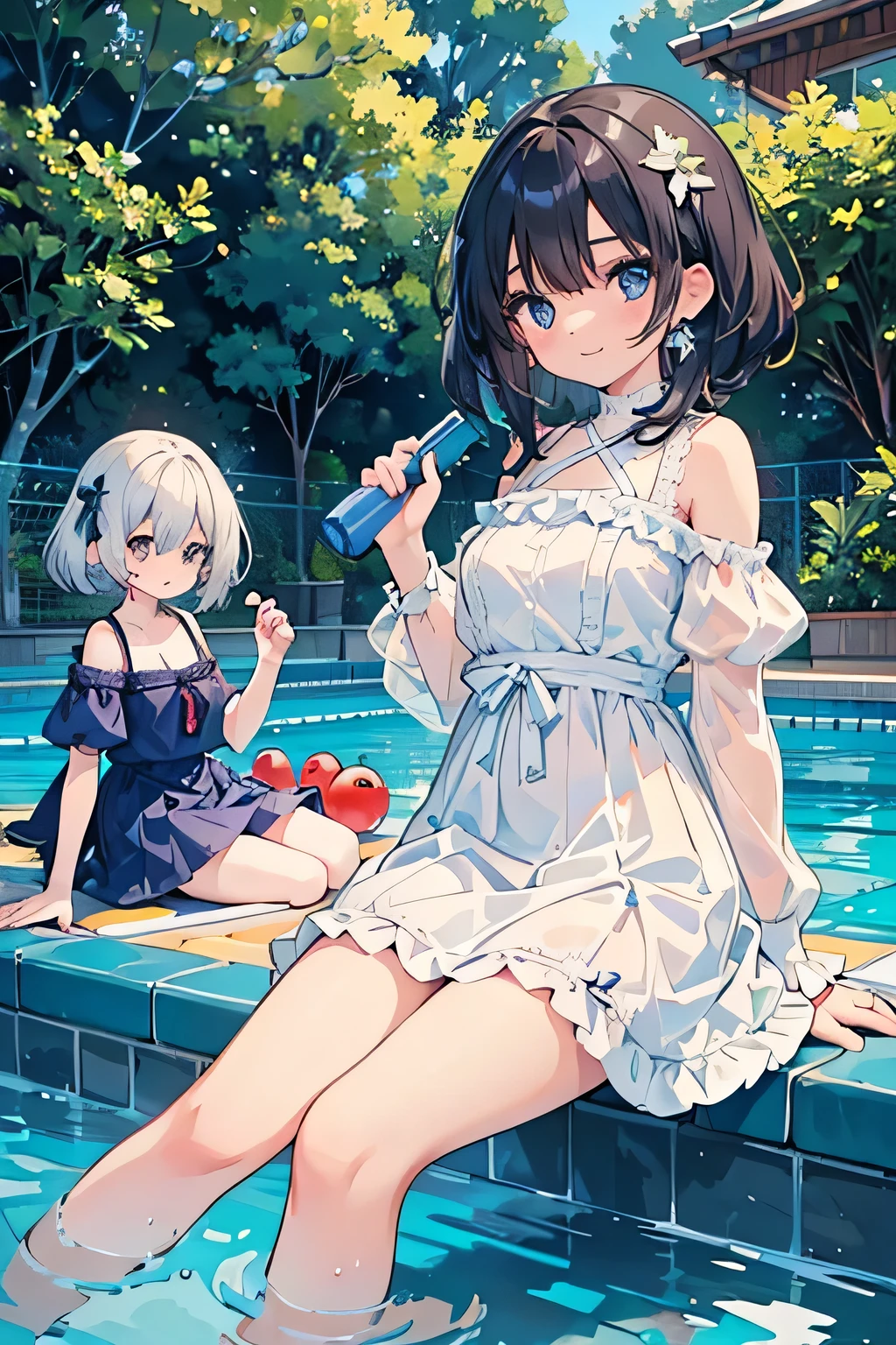 {{{Top quality}}}, {{Very detailed}}, {Illustration}, {{Very delicate and beautiful}}, ((poolside)), White dress (half-dressed), Summer sandals, Straw hat, NSFW, girl (, bare legs), small breasts, round face, girl, (baby face: 1.25), (baby face: 1.2), short limbs, shy face, puny, girl by the pool Her skirt is pulled up, half of her upper body is off.back view,