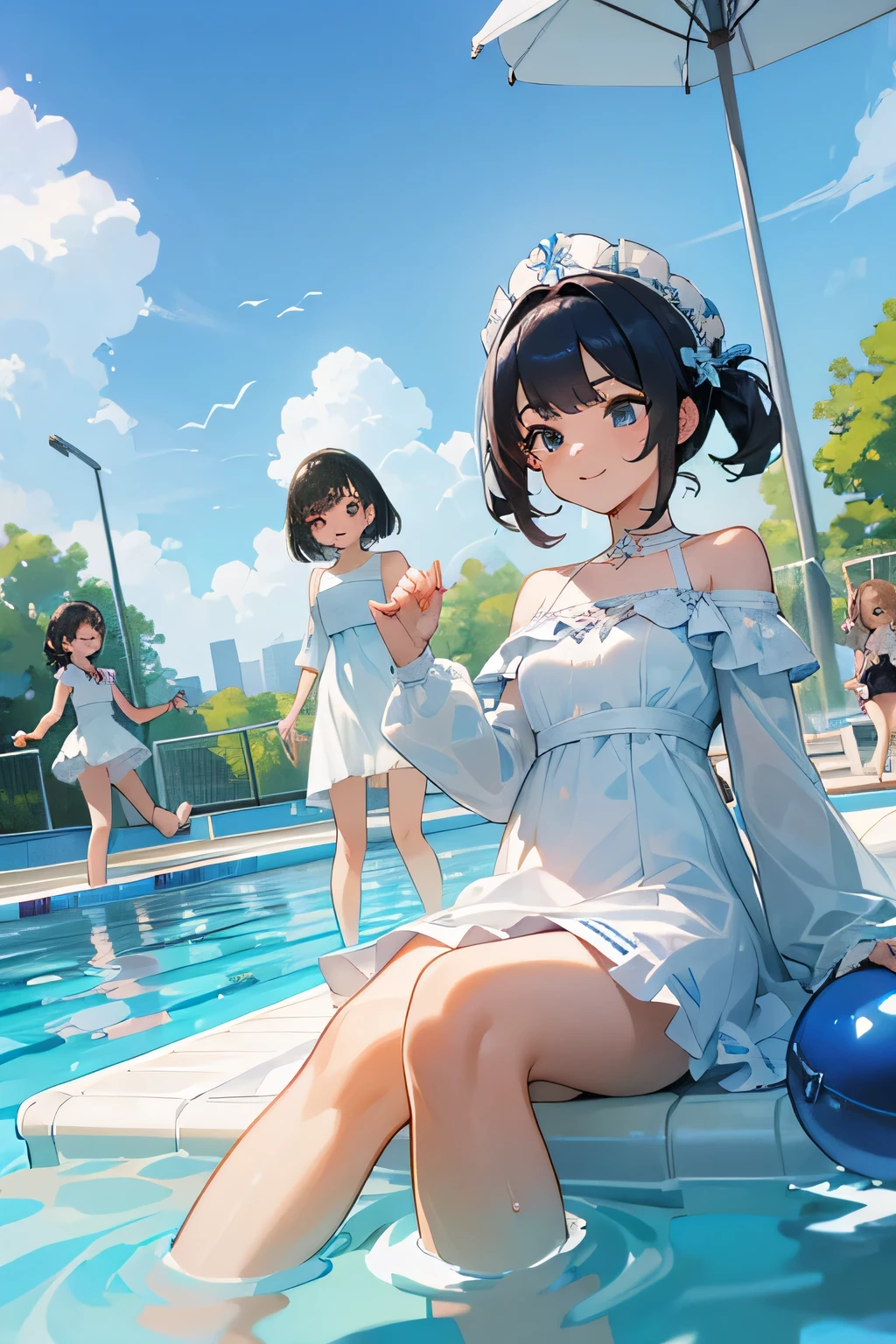 highest quality、High resolution、Detailed Background、(Beautiful face in every detail:1.4)、Anatomically correct、(Detailed facial expressions)、(Detailed eyes:1.2)、(Detailed eyes:1.2)、Teenage beauty、Cute color hair color、Cute hairstyle、well-groomed eyebrows、In a joking manner、A big smile、Cute gestures、Fit on one screen、Pools and other water play spots、(Three girls playing:1.5)、
Splashing and floating in the water、By the pool、Children are happily swimming on swim rings and pool toys floating in the center of the pool.、Stand on the edge of the pool and jump with your friends, holding hands、sitting on the edge of the pool with feet in the water、Water gun and water balloon fights in the pool、Splashes of water, smiles and friendship、
The white dress with lace design gives an elegant and sophisticated impression.、Lace on the sleeves and chest will add a more glamorous touch.、This simple and sporty white mini dress is perfect for active teenage girls.、
A white dress with off-the-shoulder and frills will accentuate your femininity while also creating a cute look.