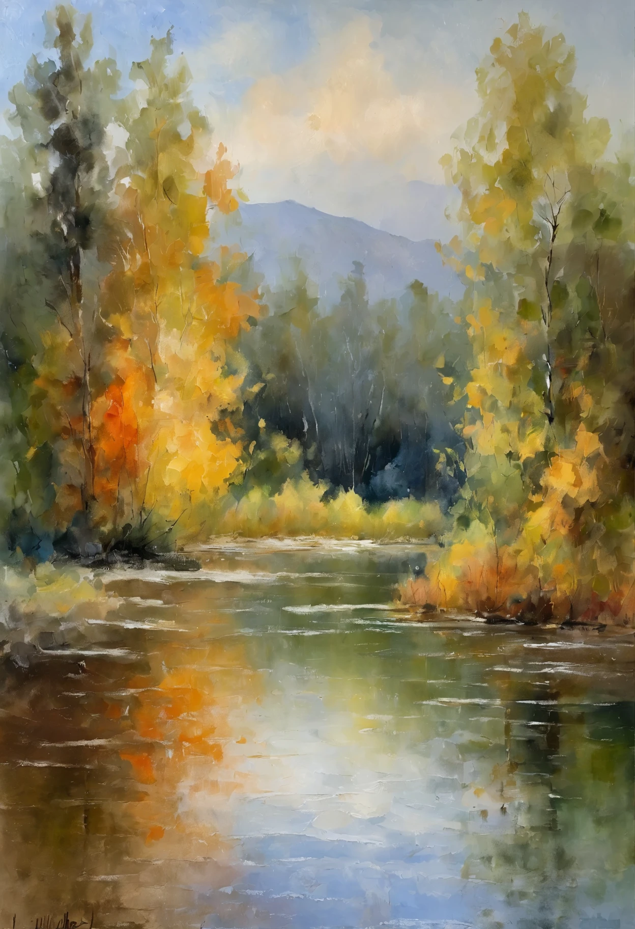 Claude Monet style,watercolor,Soft colors,Light and shadow,natural scenery,Lake,Reflection,Trees,Sky,Clouds,Rich in details,Vivid and lifelike