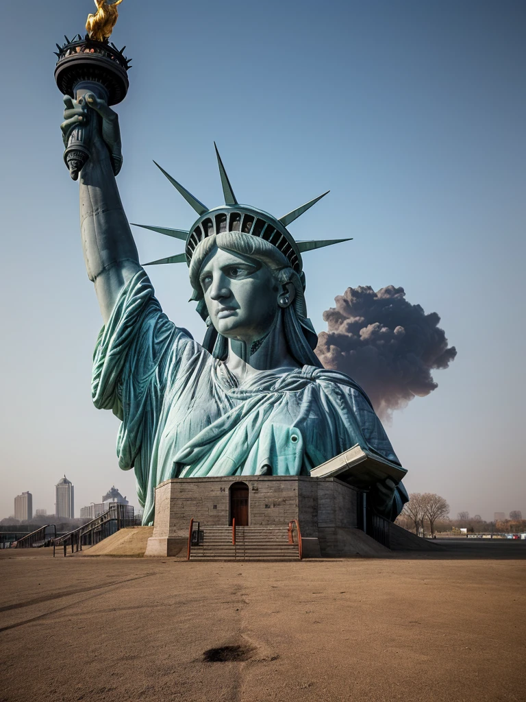 (a broken statue running), (lady-liberty), Liberty Statue in pieces outdoor in a playground. The statue is surrounded by mist, evoking a mysterious and eerie atmosphere. The lighting is dark and atmospheric, with a red smoke adding a touch of sinister ambiance. The image is of the best quality, with a resolution of 4k and HDR enhancement, showcasing the utmost level of detail and realism. analog photography, high quality textures. Clear blue cloudy sky. photorealistic shot.