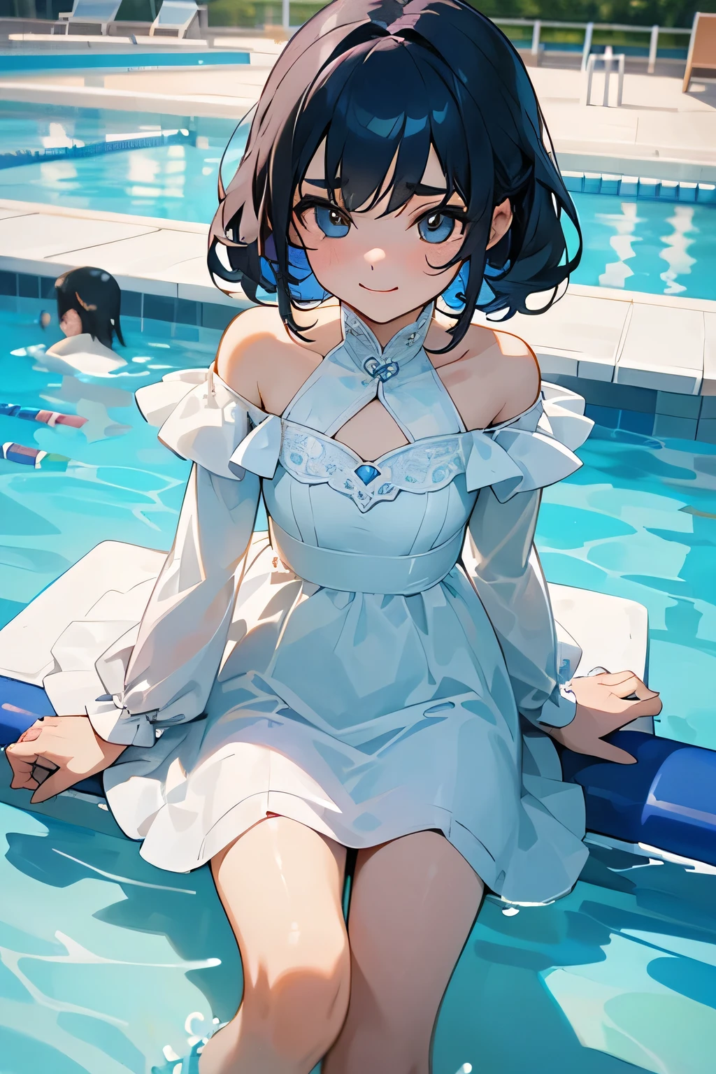 highest quality、High resolution、Detailed Background、(Beautiful face in every detail:1.4)、Anatomically correct、(Detailed facial expressions)、(Detailed eyes:1.2)、(Detailed eyes:1.2)、Teenage beauty、Cute color hair color、Cute hairstyle、well-groomed eyebrows、In a joking manner、A big smile、Cute gestures、Fit on one screen、Pools and other water play spots、(Three girls playing:1.5)、
Splashing and floating in the water、By the pool、Children are happily swimming on swim rings and pool toys floating in the center of the pool.、Stand on the edge of the pool and jump with your friends, holding hands、sitting on the edge of the pool with feet in the water、Water gun and water balloon fights in the pool、Splashes of water, smiles and friendship、
The white dress with lace design gives an elegant and sophisticated impression.、Lace on the sleeves and chest will add a more glamorous touch.、This simple and sporty white mini dress is perfect for active teenage girls.、
A white dress with off-the-shoulder and frills will accentuate your femininity while also creating a cute look.